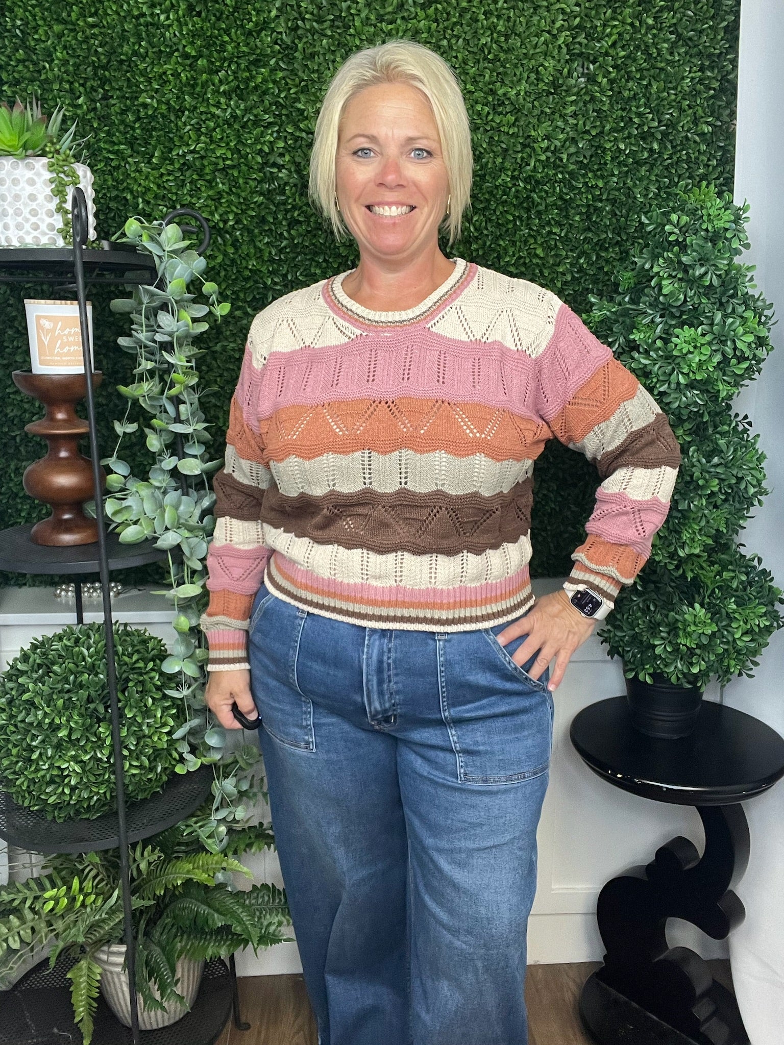 MULTI COLOR WAVY STRIPE SWEATER TOP - OATMEAL COMBO