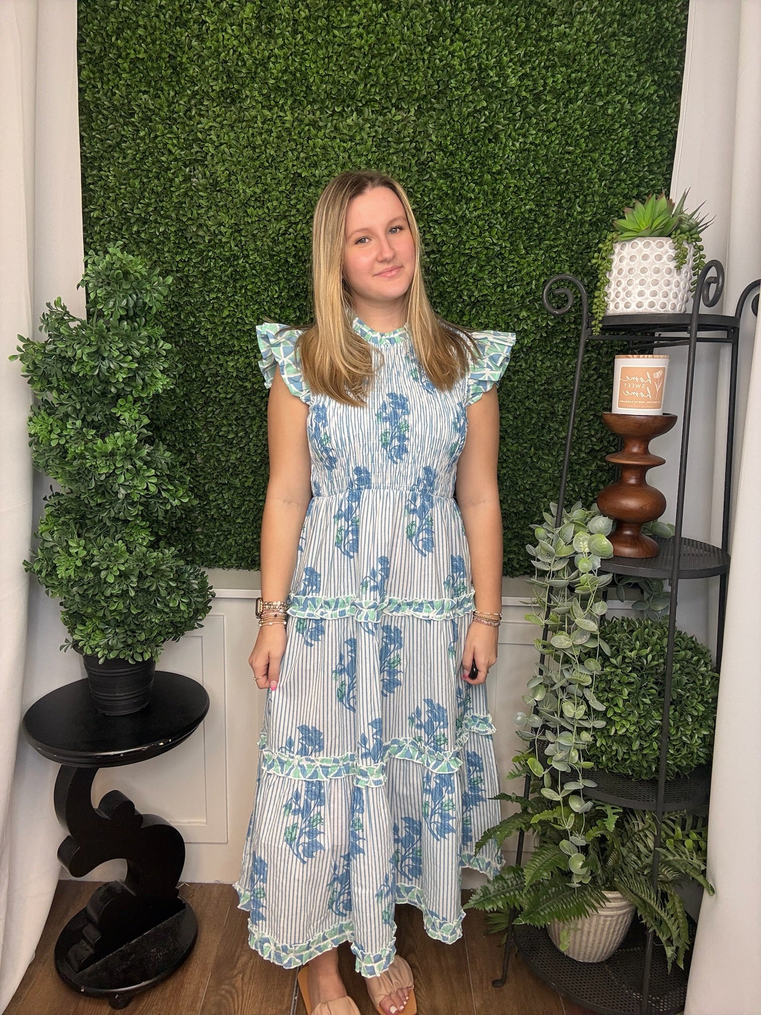 PERIN SMOCKED MIDI DRESS - BLUE