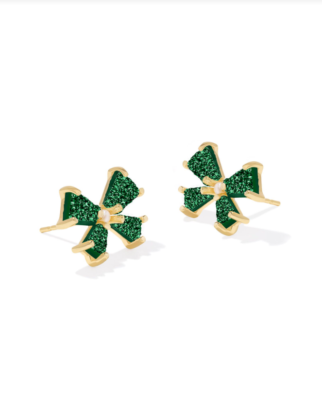 BLAIR BOW SMALL STUD EARRINGS - GOLD EMERALD DRUSY