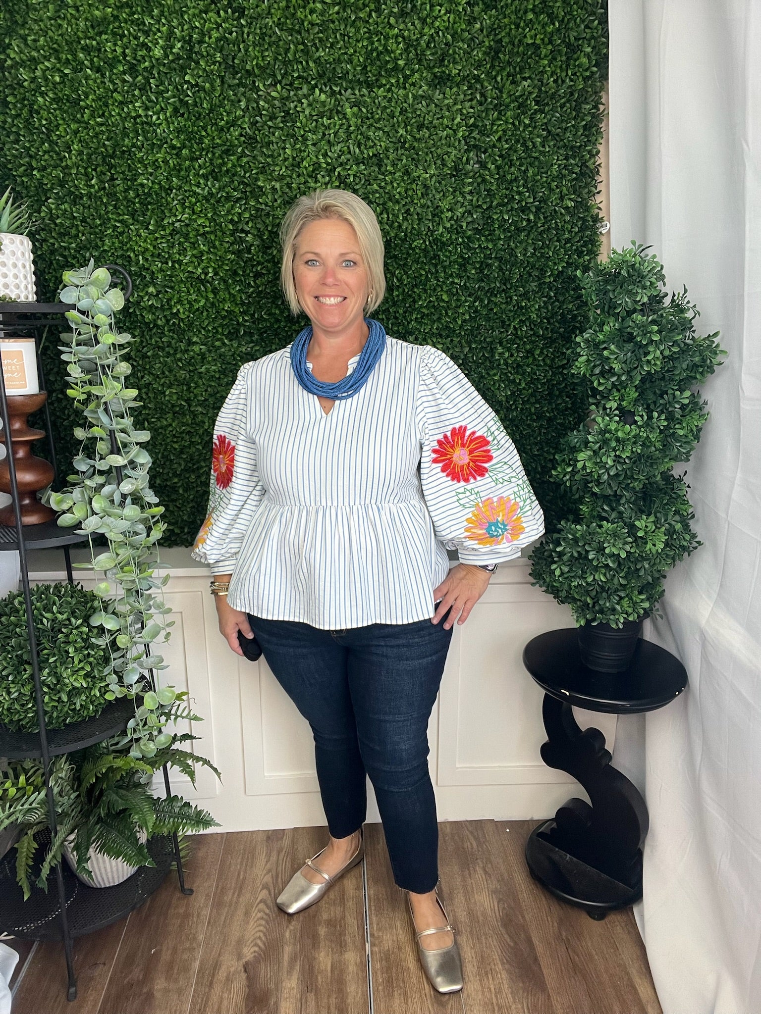 EMBROIDERED STRIPE BABYDOLL TOP