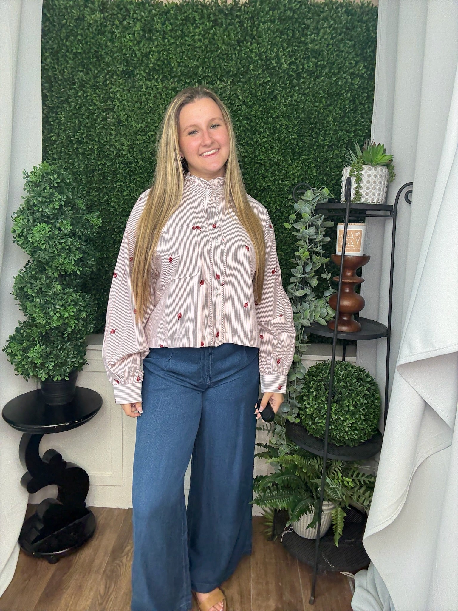 EMBROIDERED MOCK NECK STRIPED BUTTON UP TOP - AMBER STRIPE