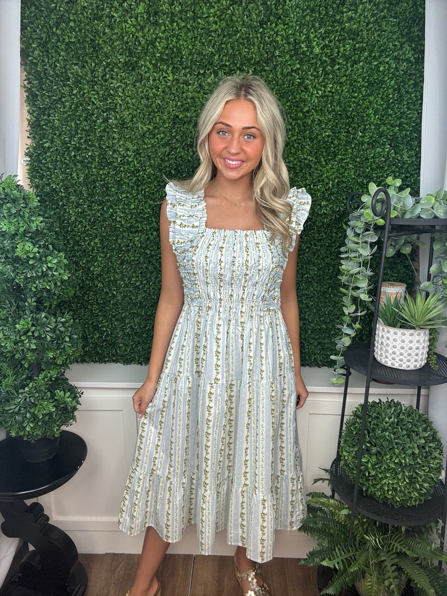 Vintage-Inspired Floral Smocked Midi Dress with Ruffle Strap Detail
