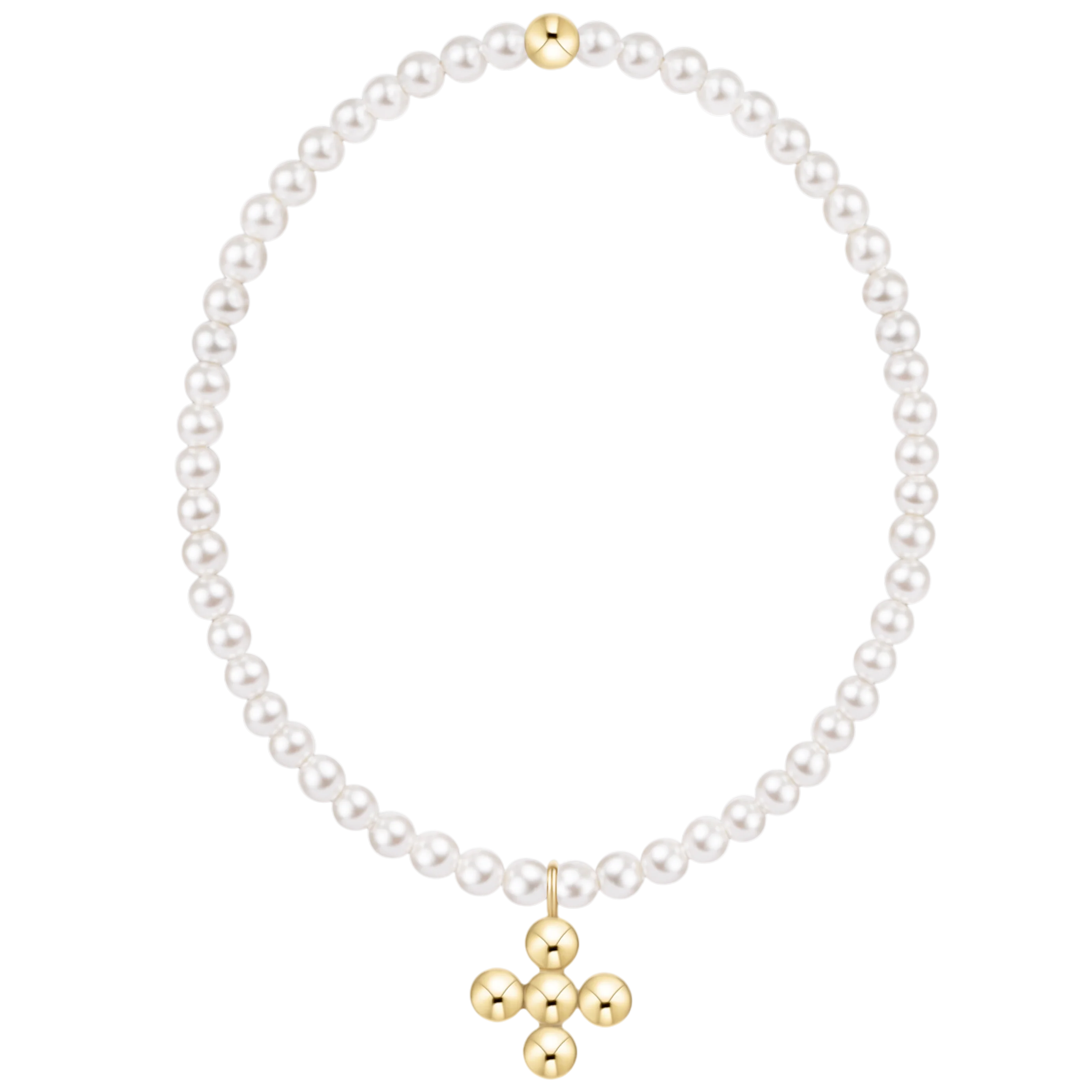 CLASSIC PEARL 3MM BRACELET – SIGNATURE CROSS 4MM BEADED GOLD CHARM