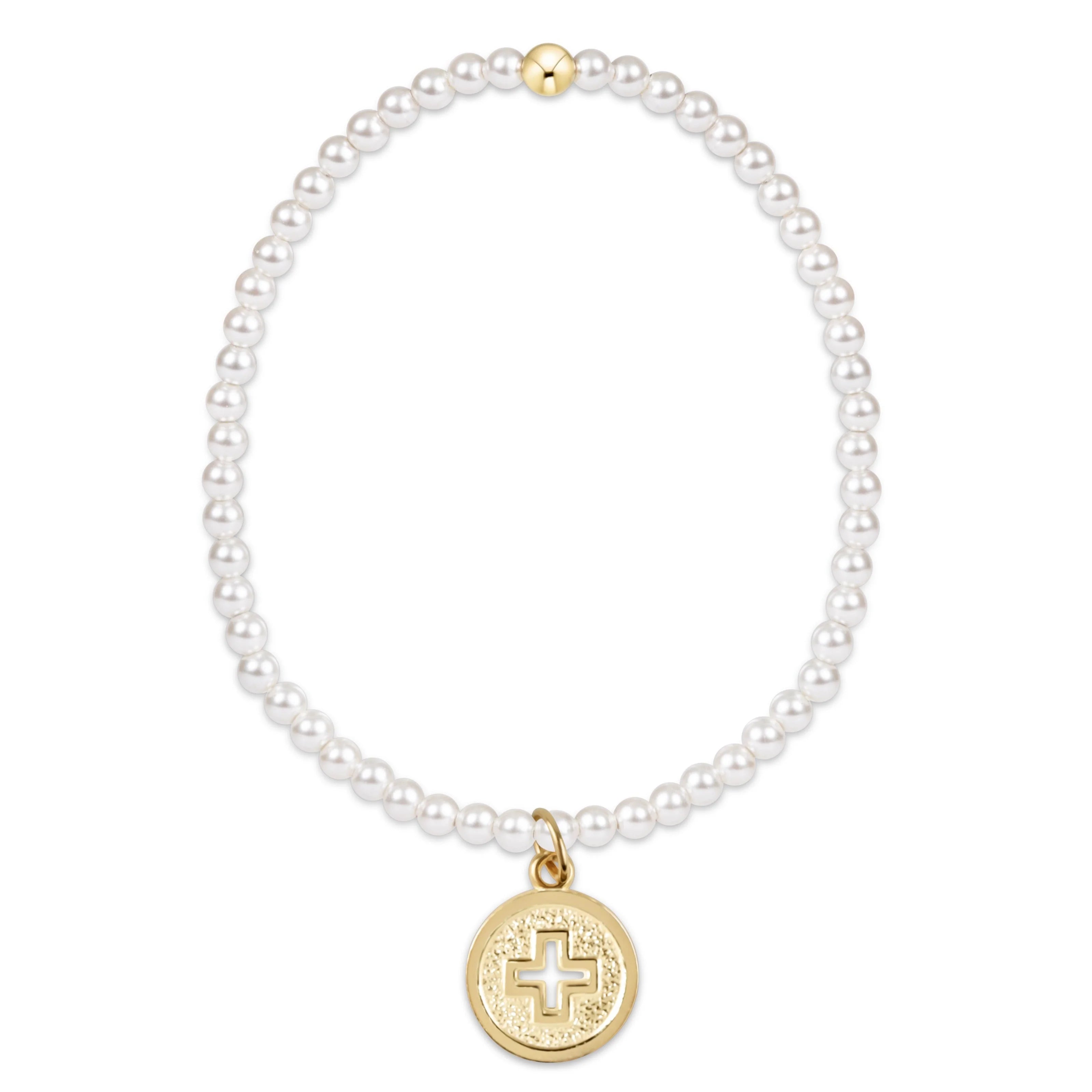 CLASSIC PEARL 3MM BRACELET – SIGNATURE CROSS GOLD DISC