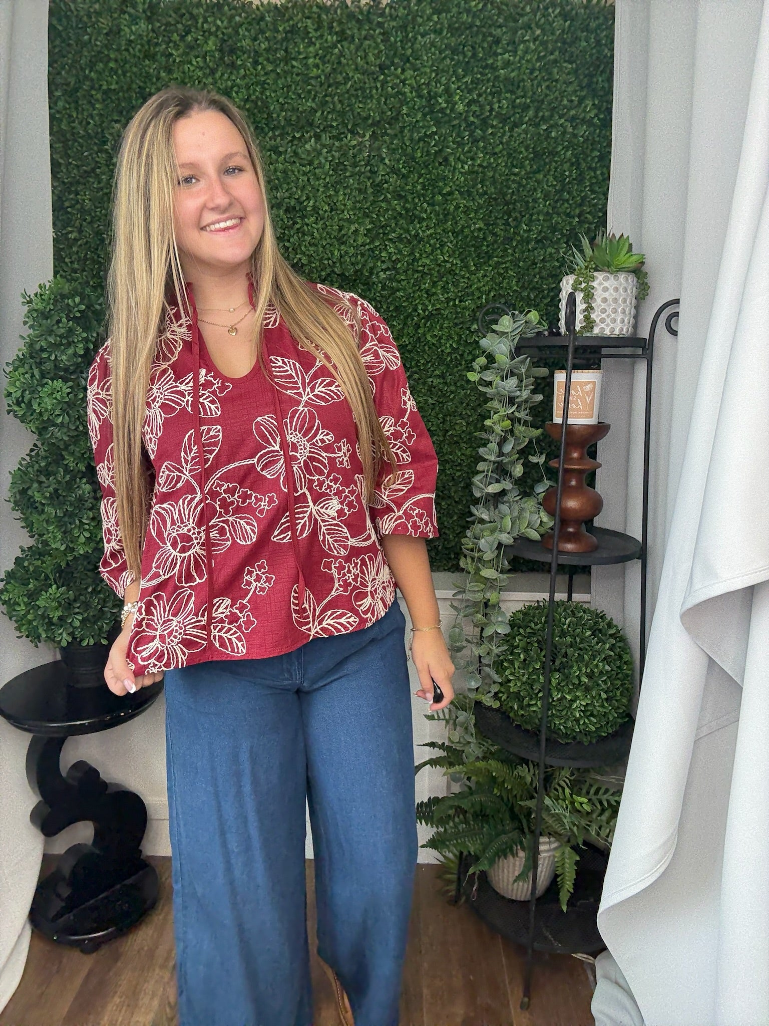 V-NECK WIDE SLV BLOUSE - BURGUNDY