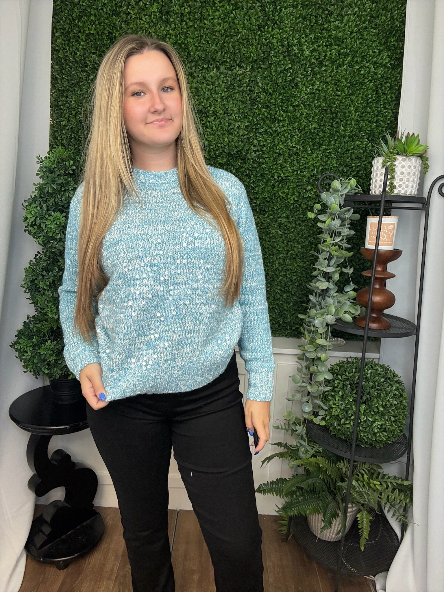 LONG SLEEVE CLEAR SEQUIN SWEATER - LIGHT BLUE