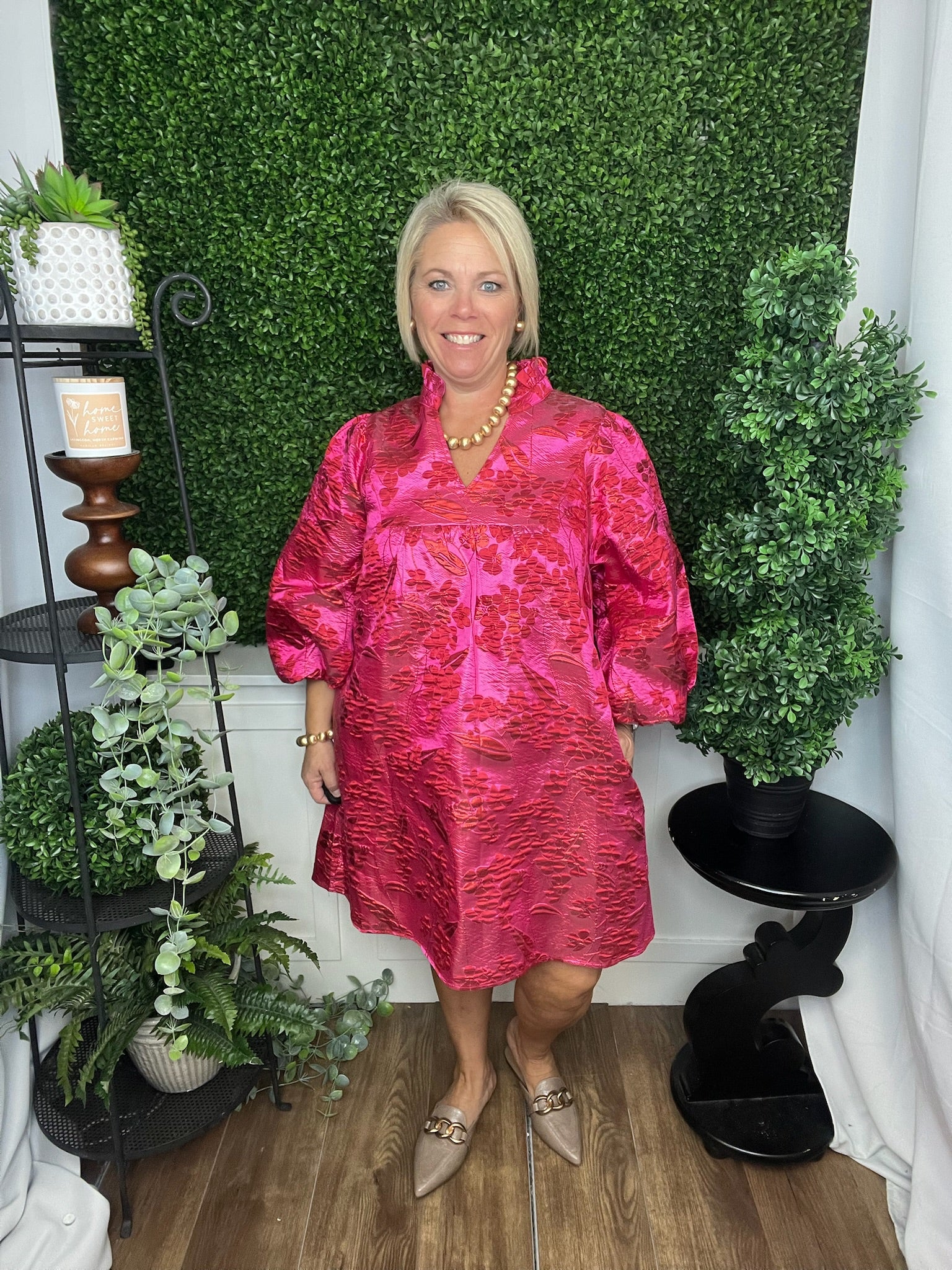 RUFFLED NECK FLORAL JACQUARD DRESS - HOT PINK