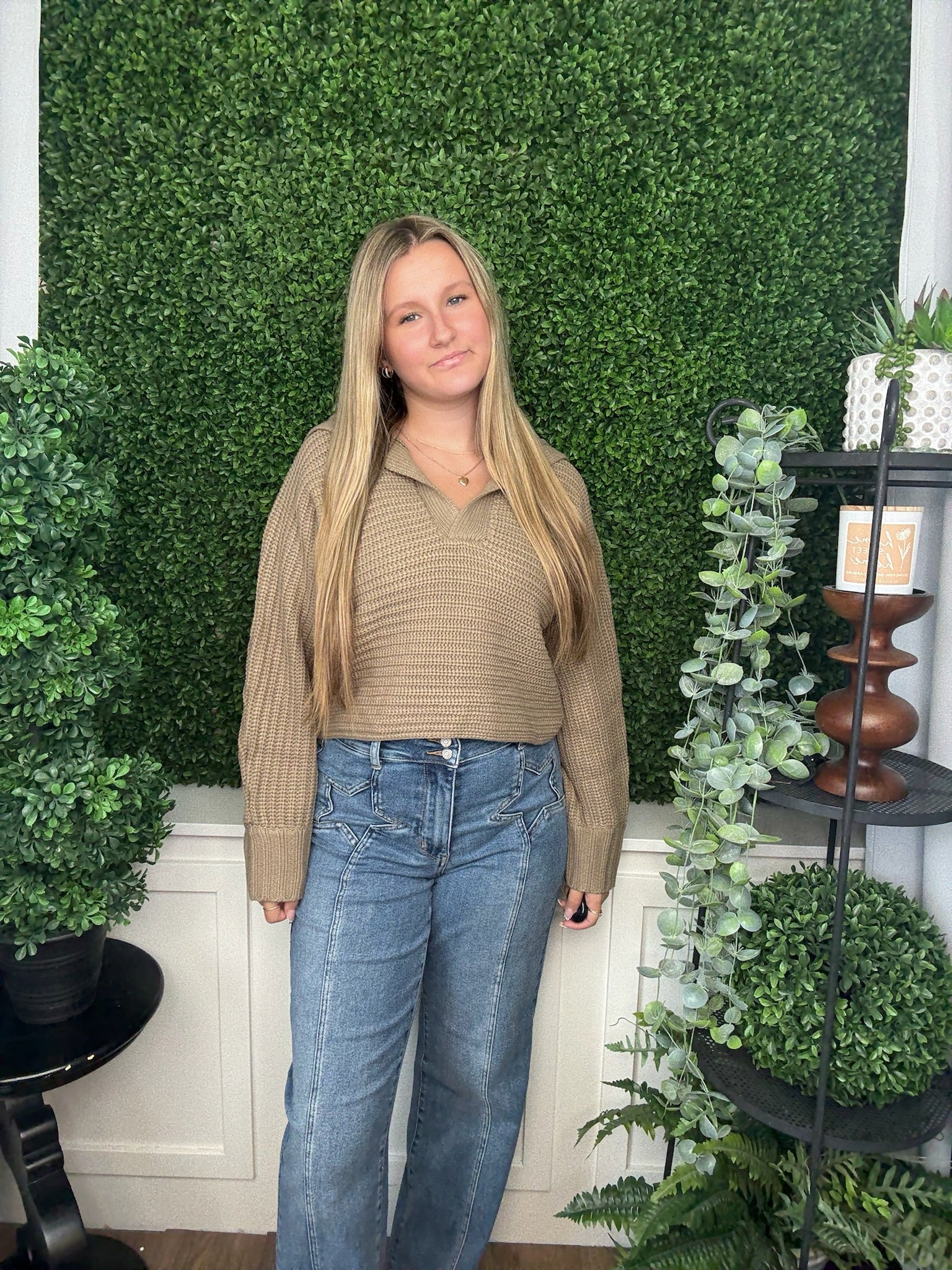 DRAMA COLLAR VNECK SWEATER - TAUPE