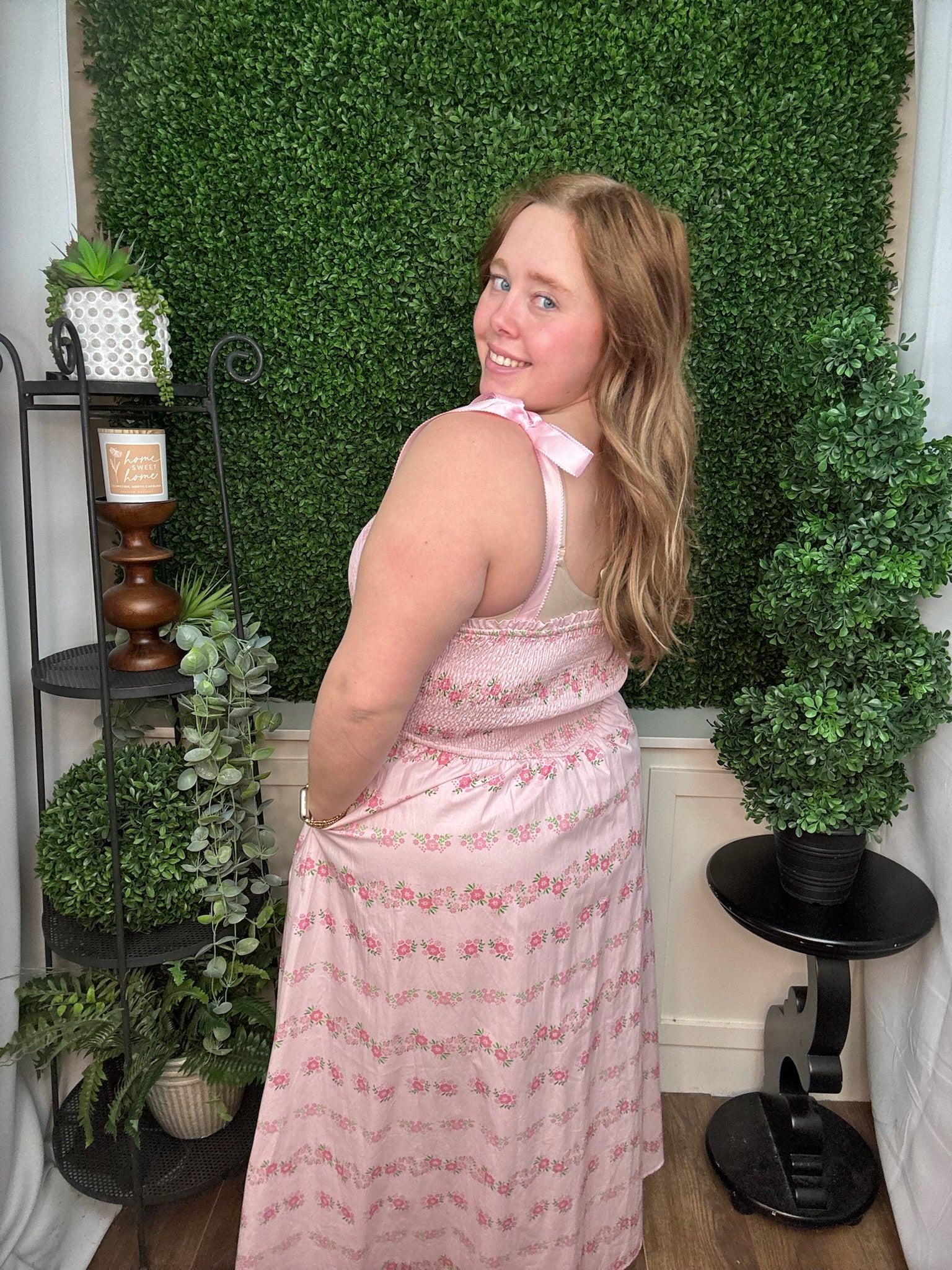 Blush Floral Smocked Midi Dress