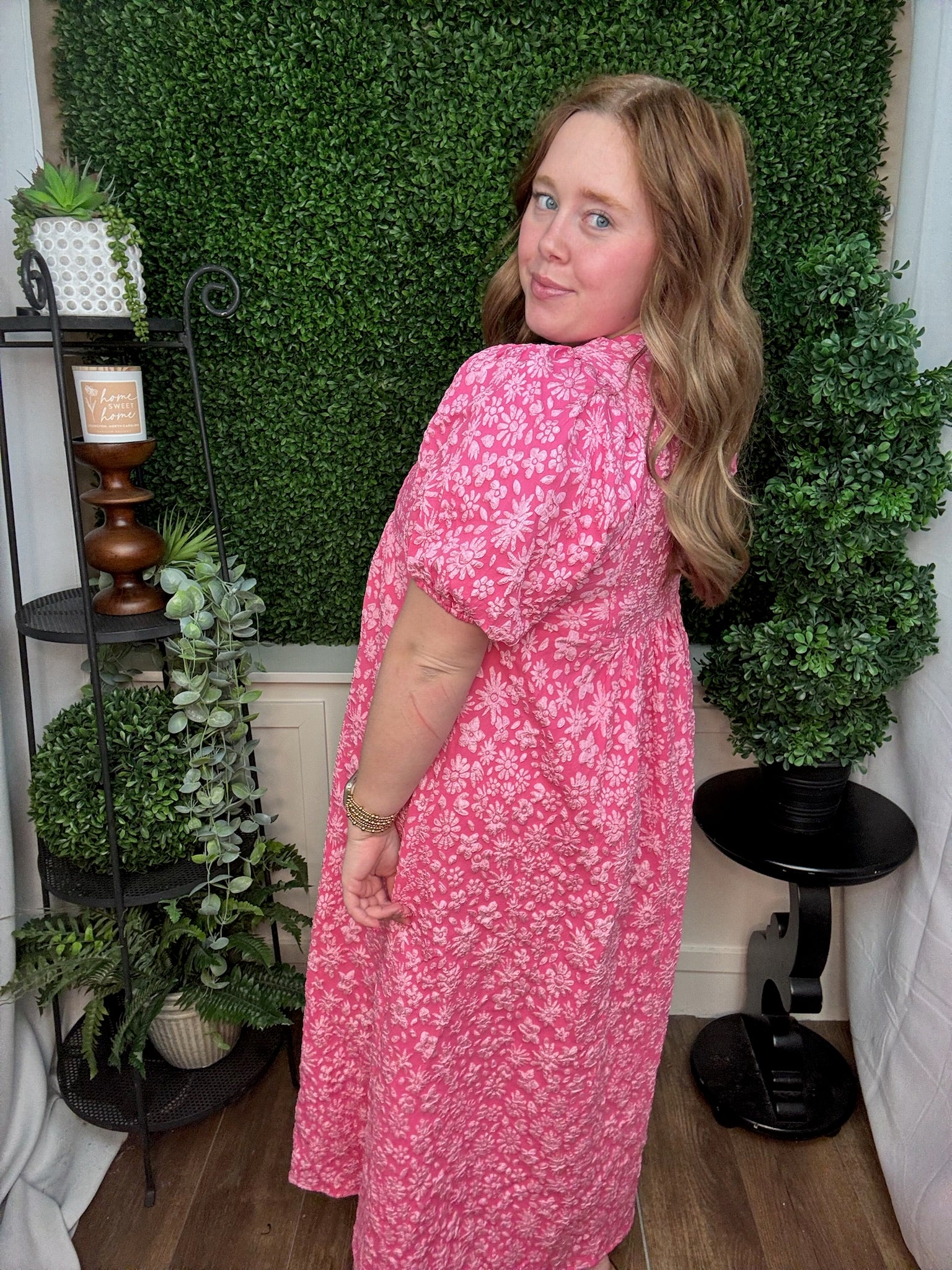 Rosette Bloom Puff Sleeve Midi Dress