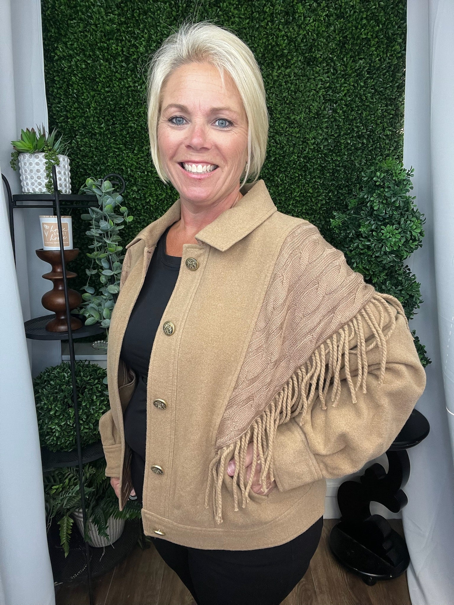 BUTTON FRONT FRINGE & KNIT DETAILS JACKET - BISCOTTI