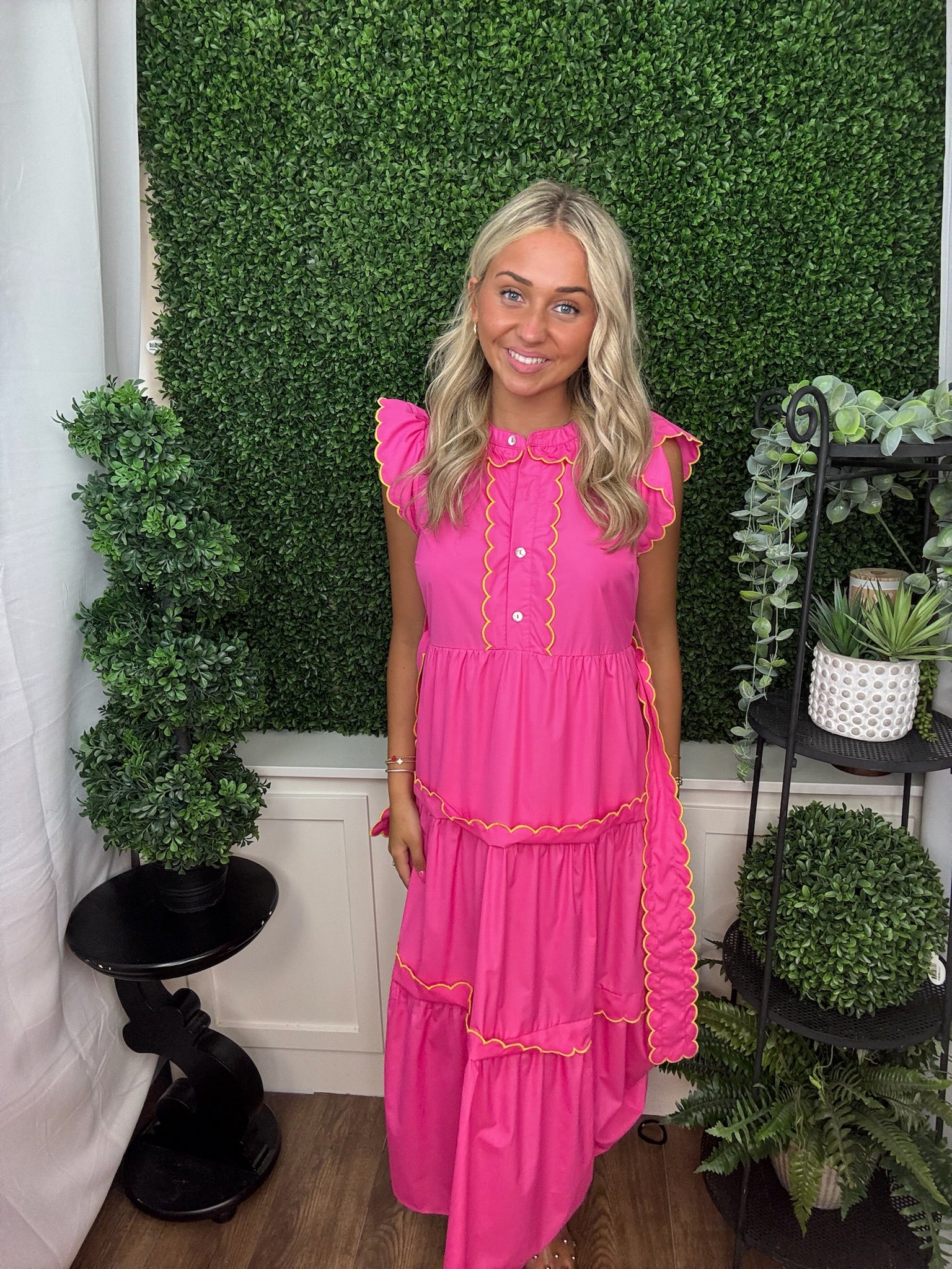 Tiered Midi Dress with Ruffle Sleeves and Tie Waist