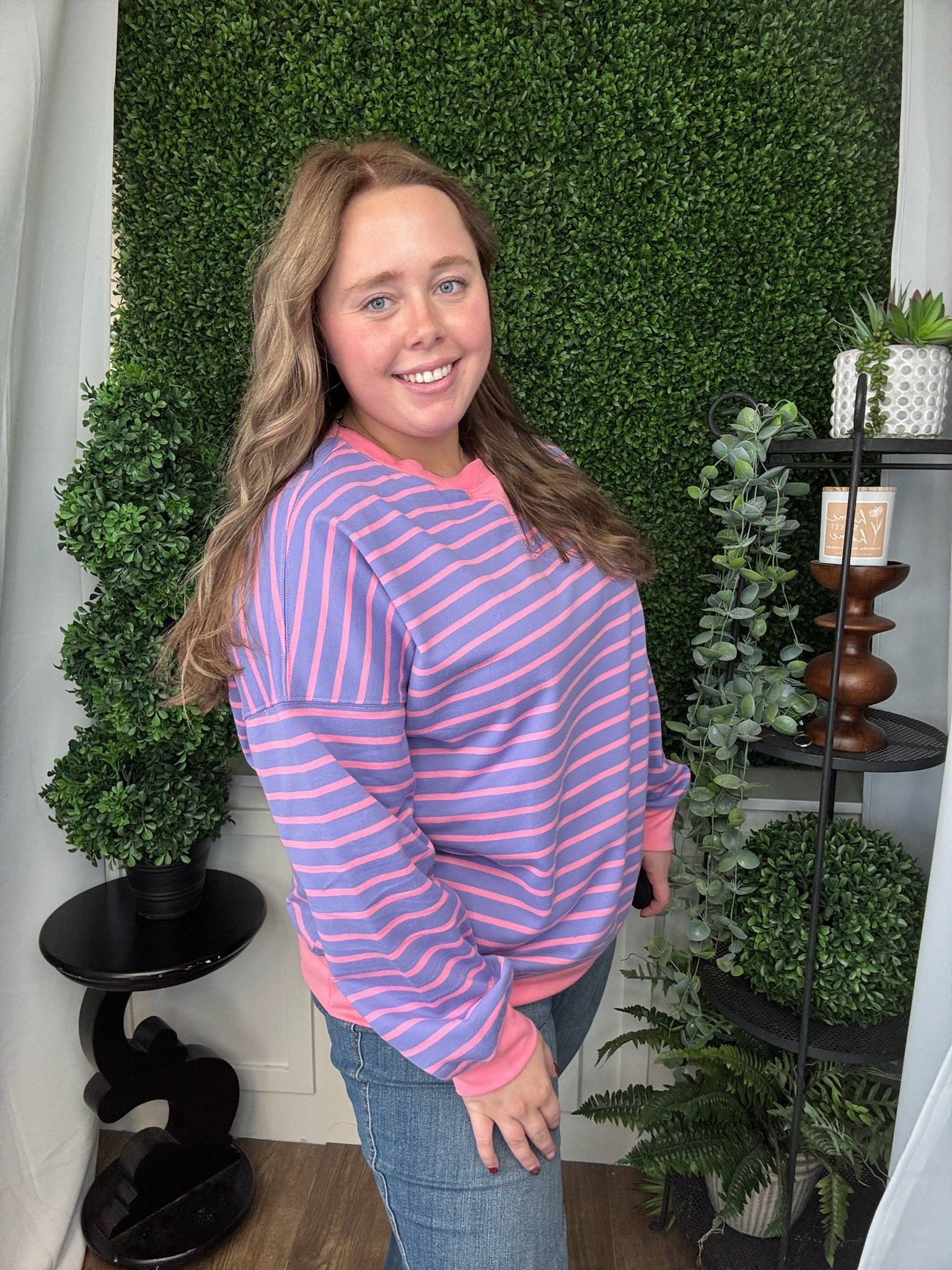 STRIPE TERRY RELAXED FIT SWEATSHIRT - PURPLE/PINK