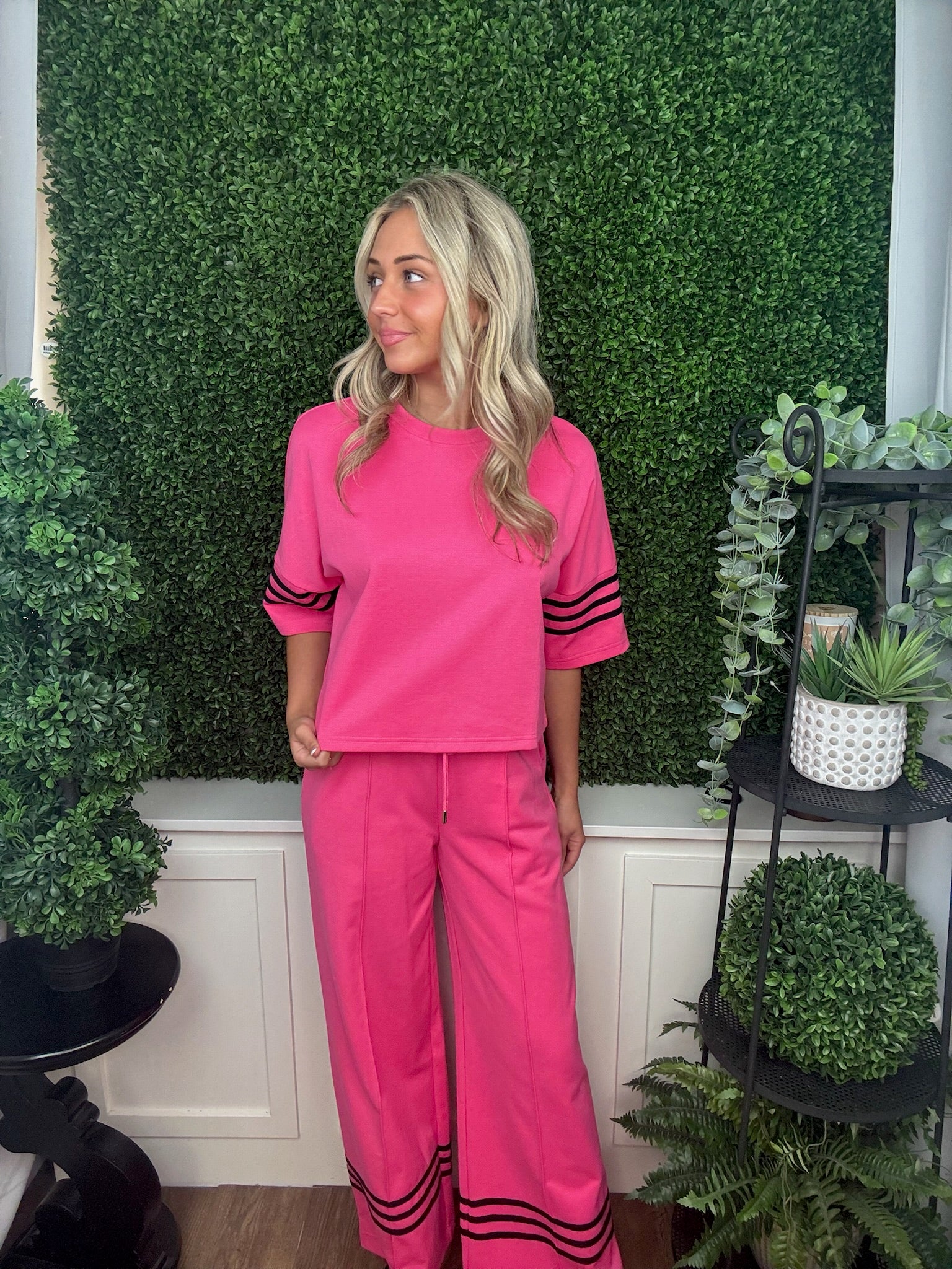 Pink Short Sleeve Knit Top with Stripe Detail