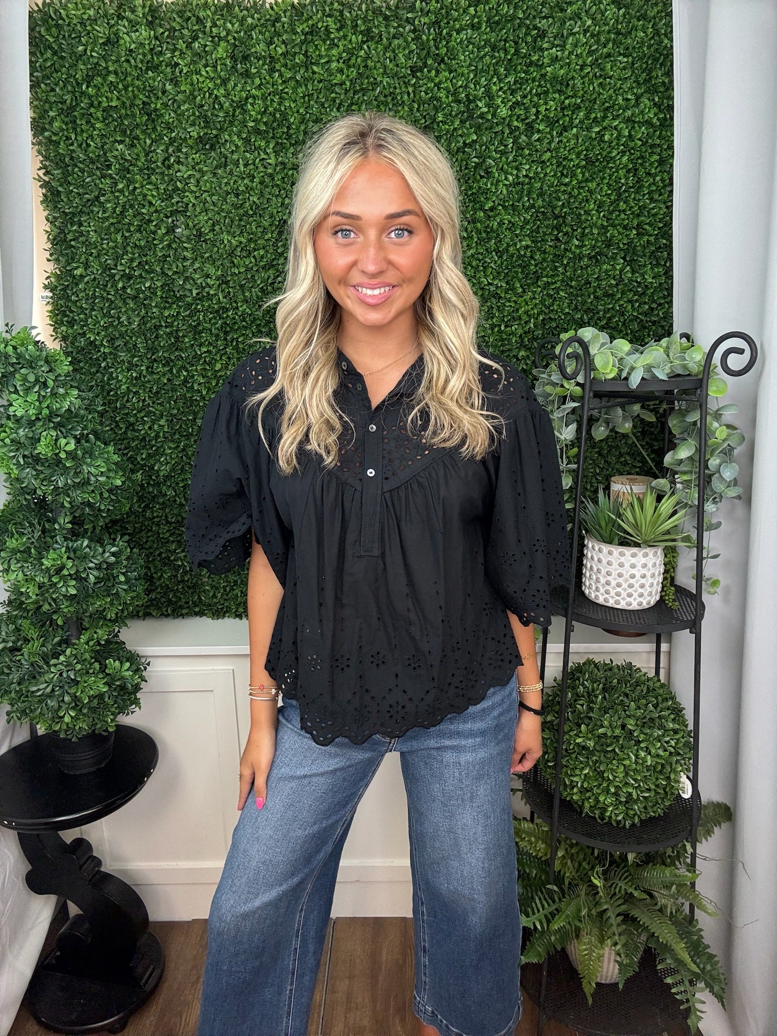 Relaxed Fit Scalloped Eyelet Embroidered Top