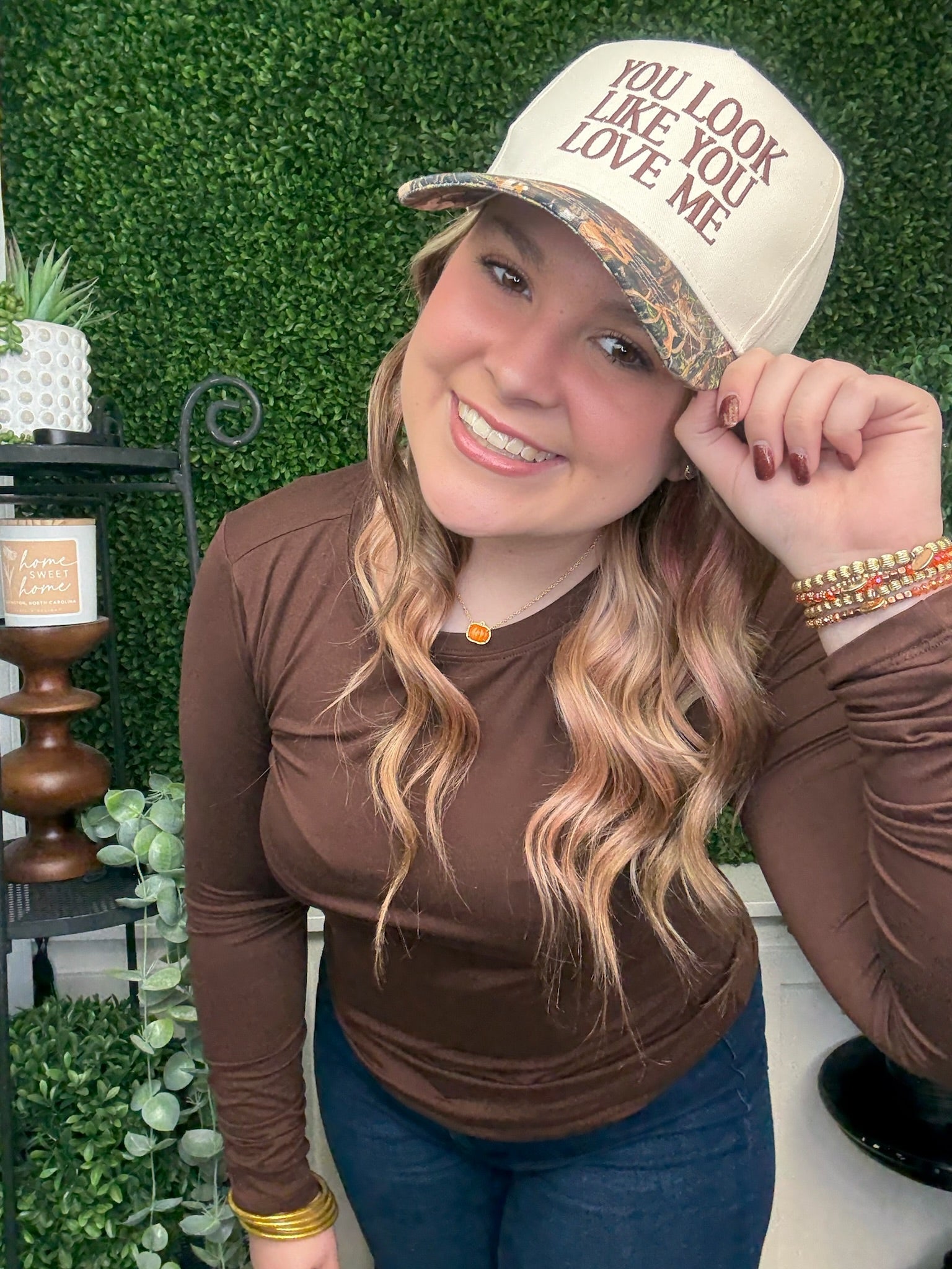 YOU LOOK LIKE YOU LOVE ME EMBROIDERED CAMO TRUCKER