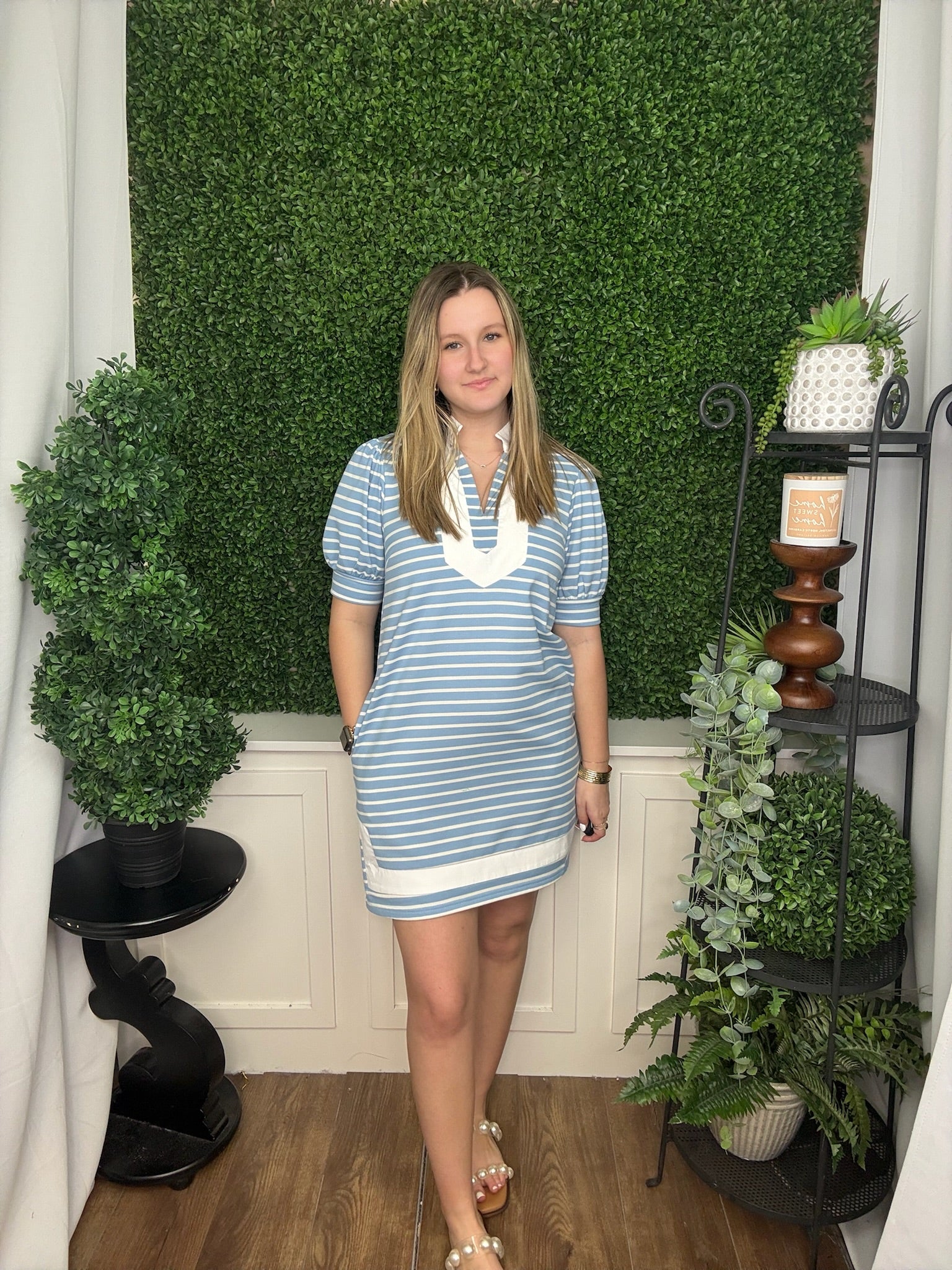 BLUE STRIPPED DRESS WITH WHITE TRIM