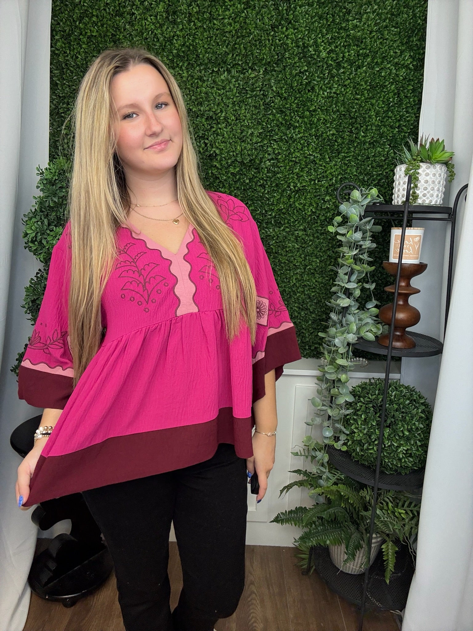 COLORBLOCK AIR FLOW OVERSIZED PEASANT BLOUSE - FUCHSIA COMBO