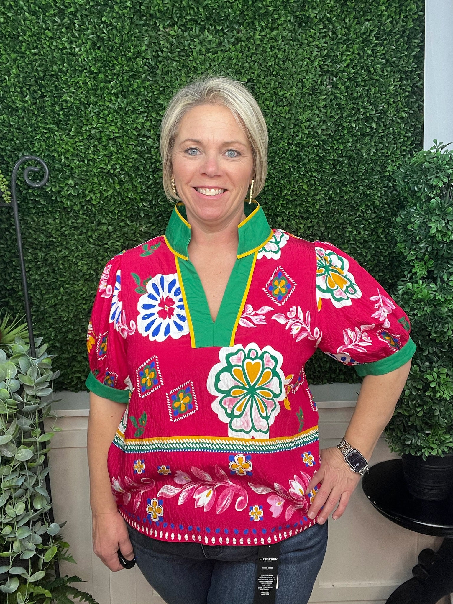 STANDING NECKLINE BOHO FLORAL TOP - FUCHSIA