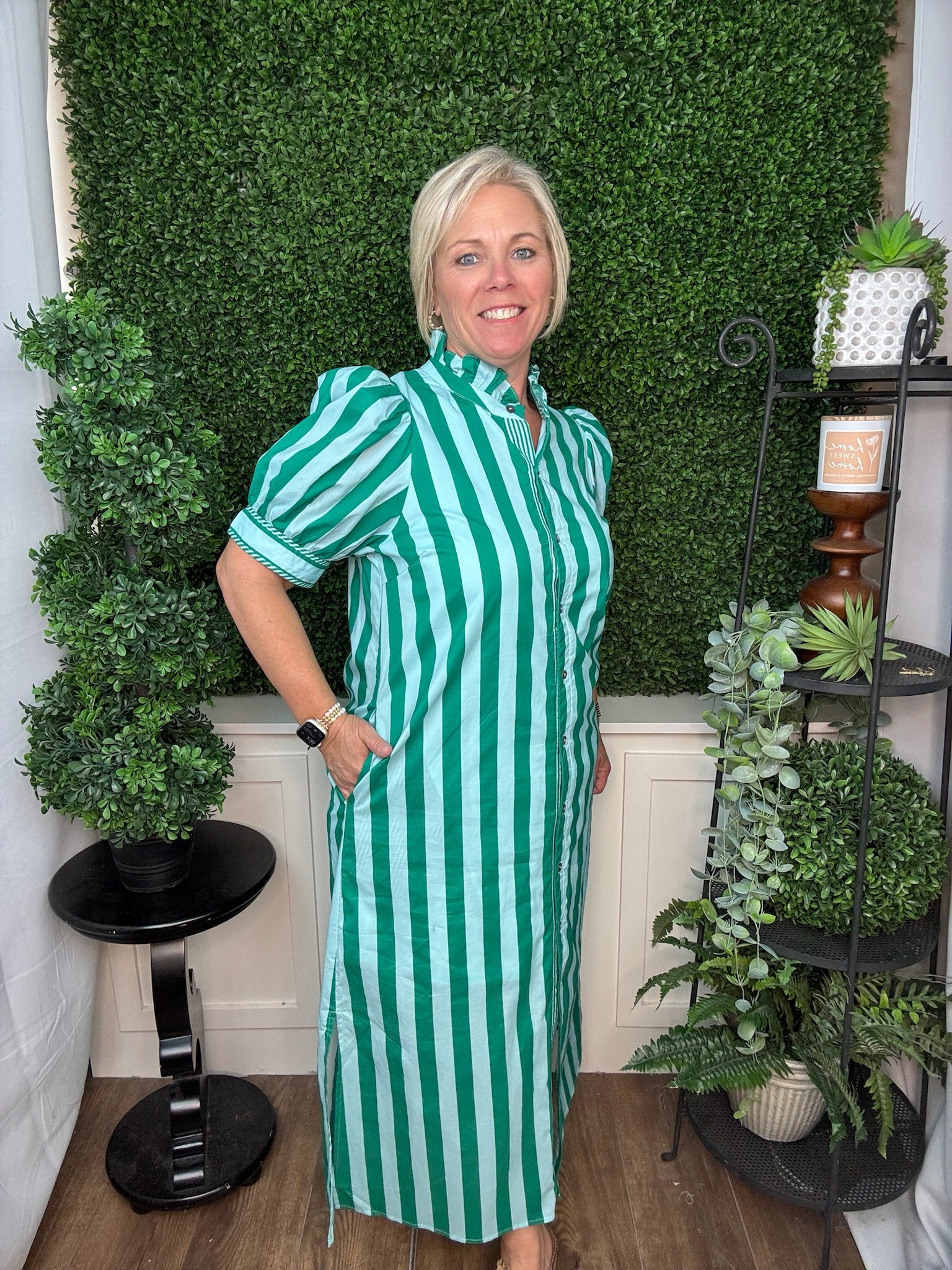Vertical Stripe Puff Sleeve Midi Dress - Green
