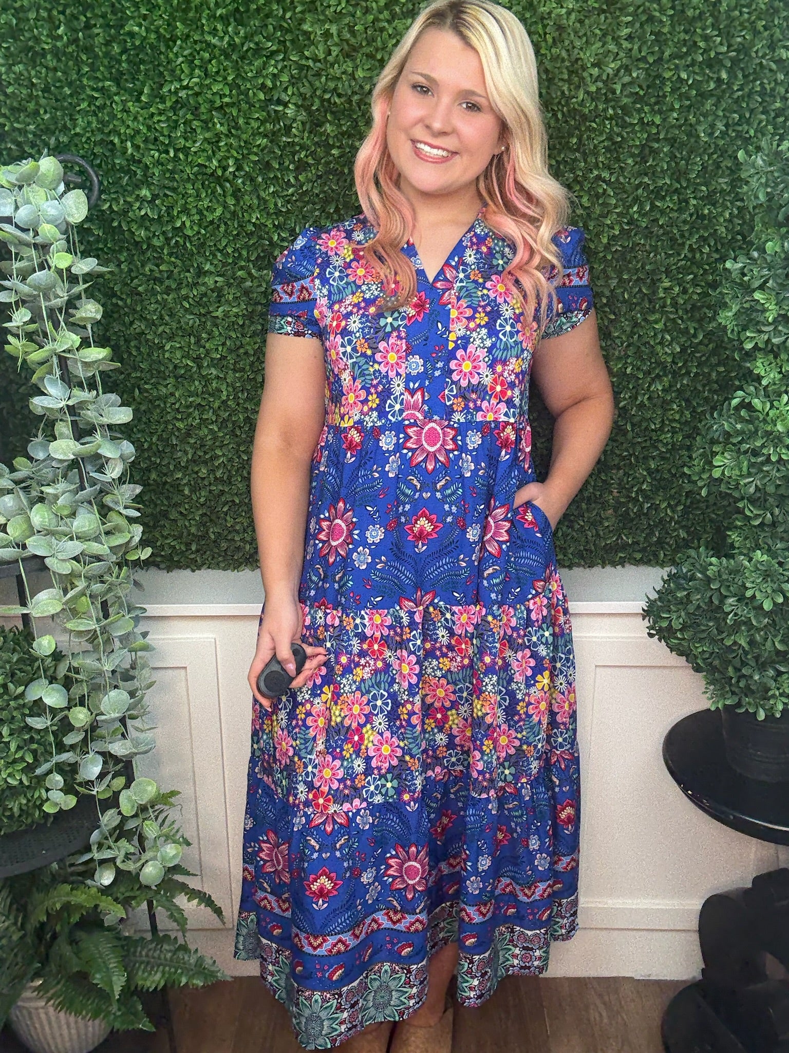 MIXED PRINT TIERED MIDI DRESS - COBALT MIX