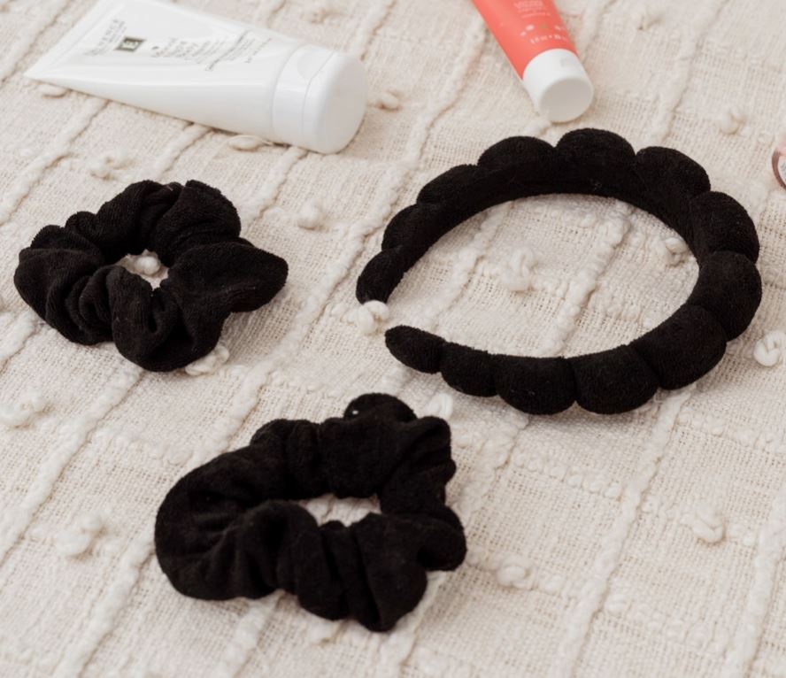 PUFFY TERRY CLOTH PADDED SPA HEADBAND WITH SCRUNCHIES SET