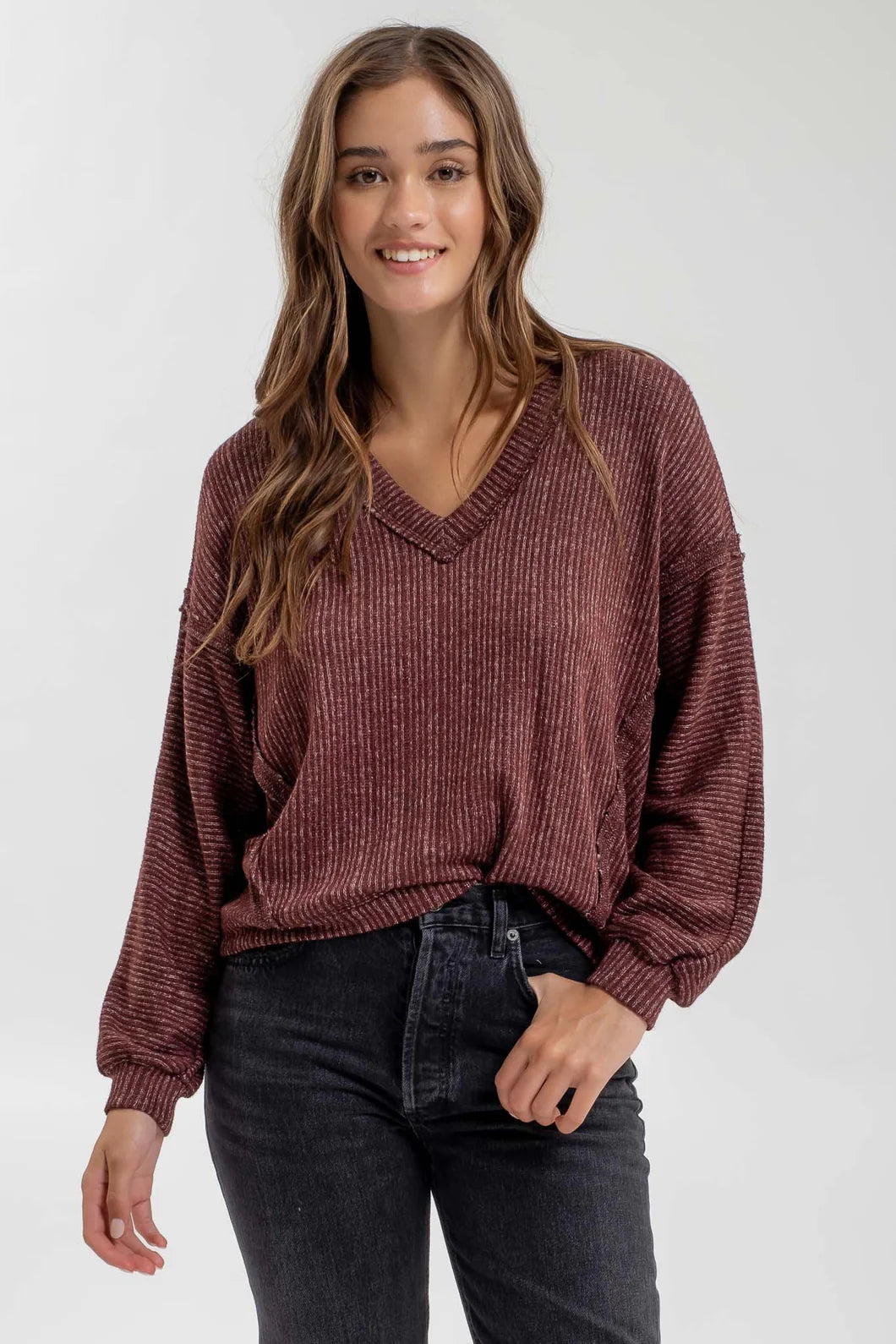 STRIPED VNECK DROP SHOULDER KNIT TOP