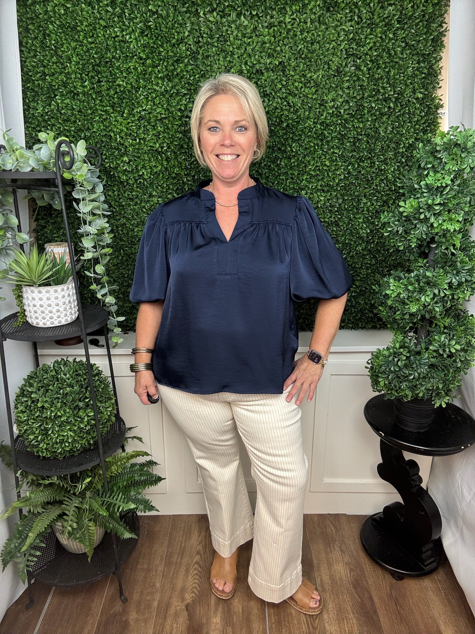 Navy Puff Sleeve Blouse