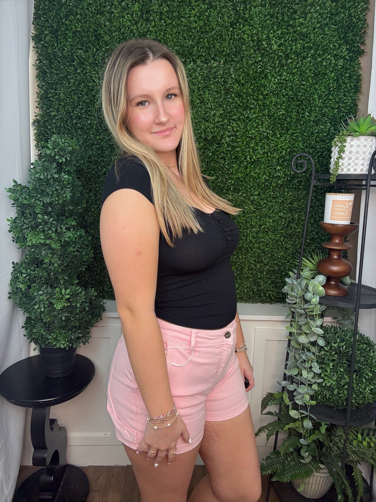 Lace Trim Ruched Button Top