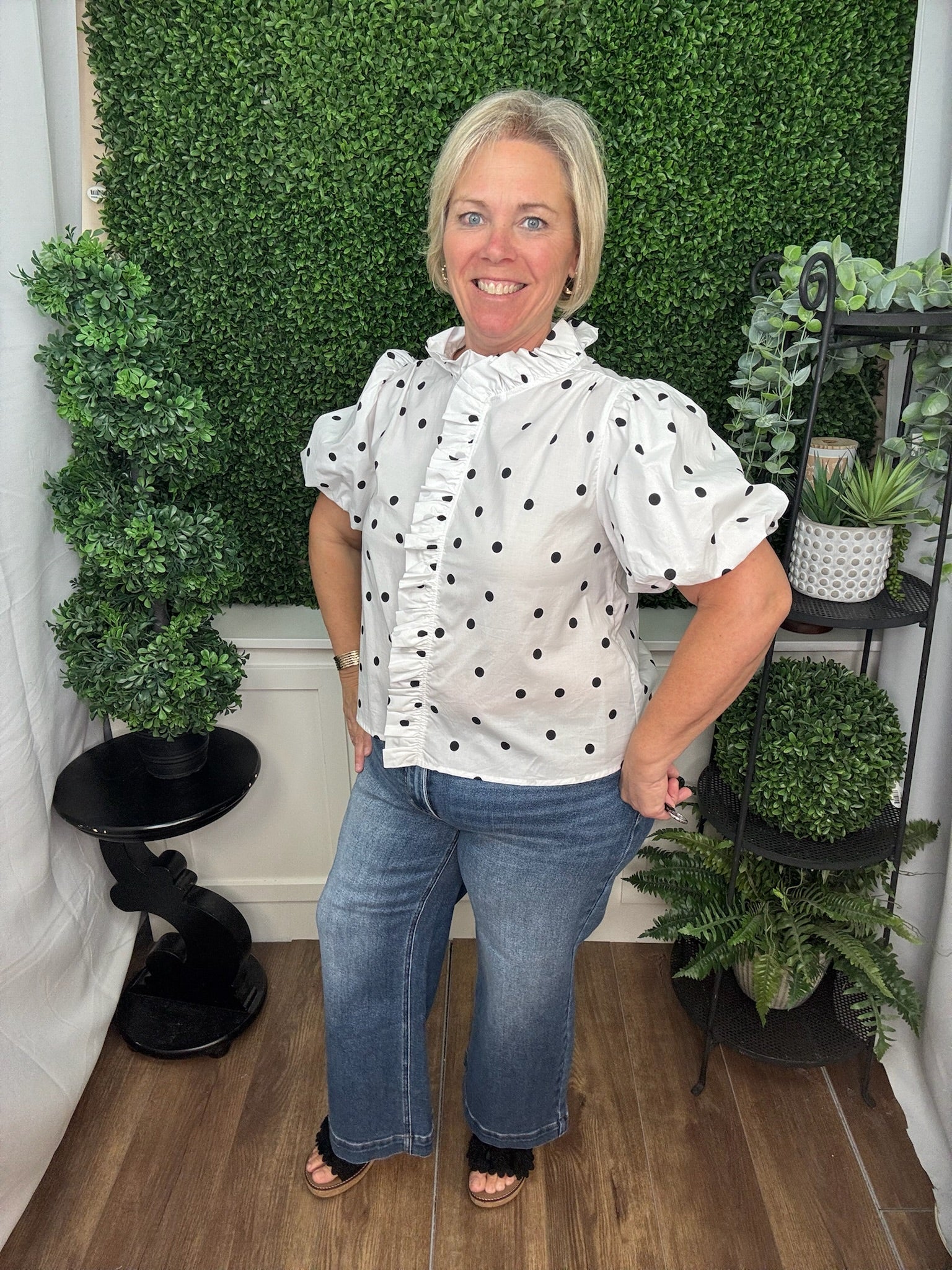 Polka Dot Ruffle Front Blouse