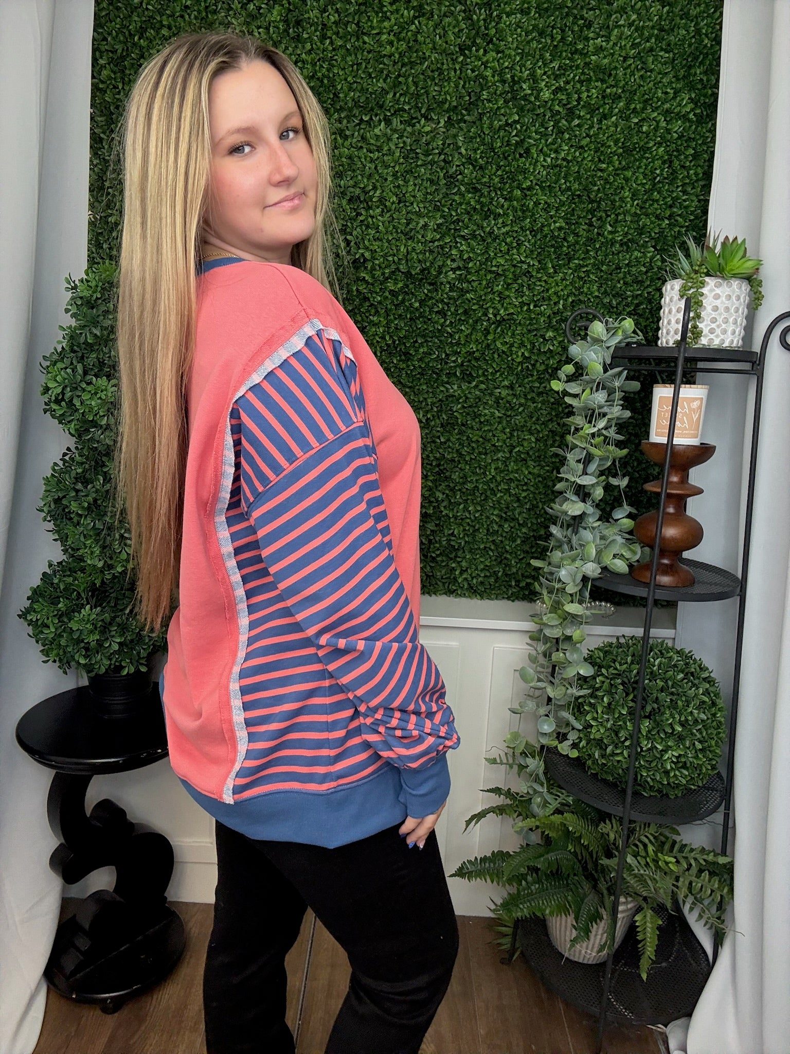 OVERSIZED WAFFLE KNIT CASUAL TOP - CORAL