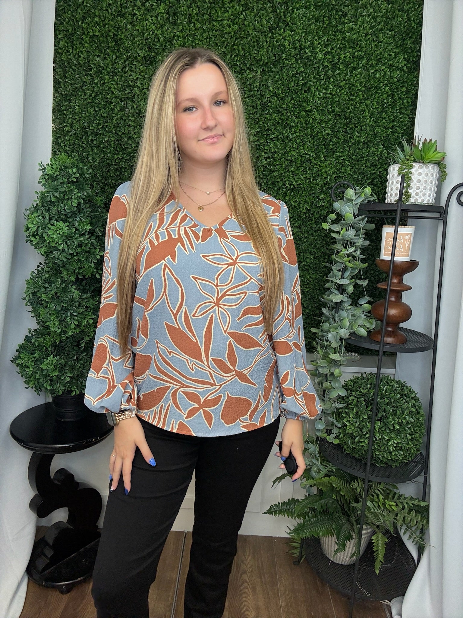 JULIAS FLORAL PRINT TOP - JADE/CHOCO