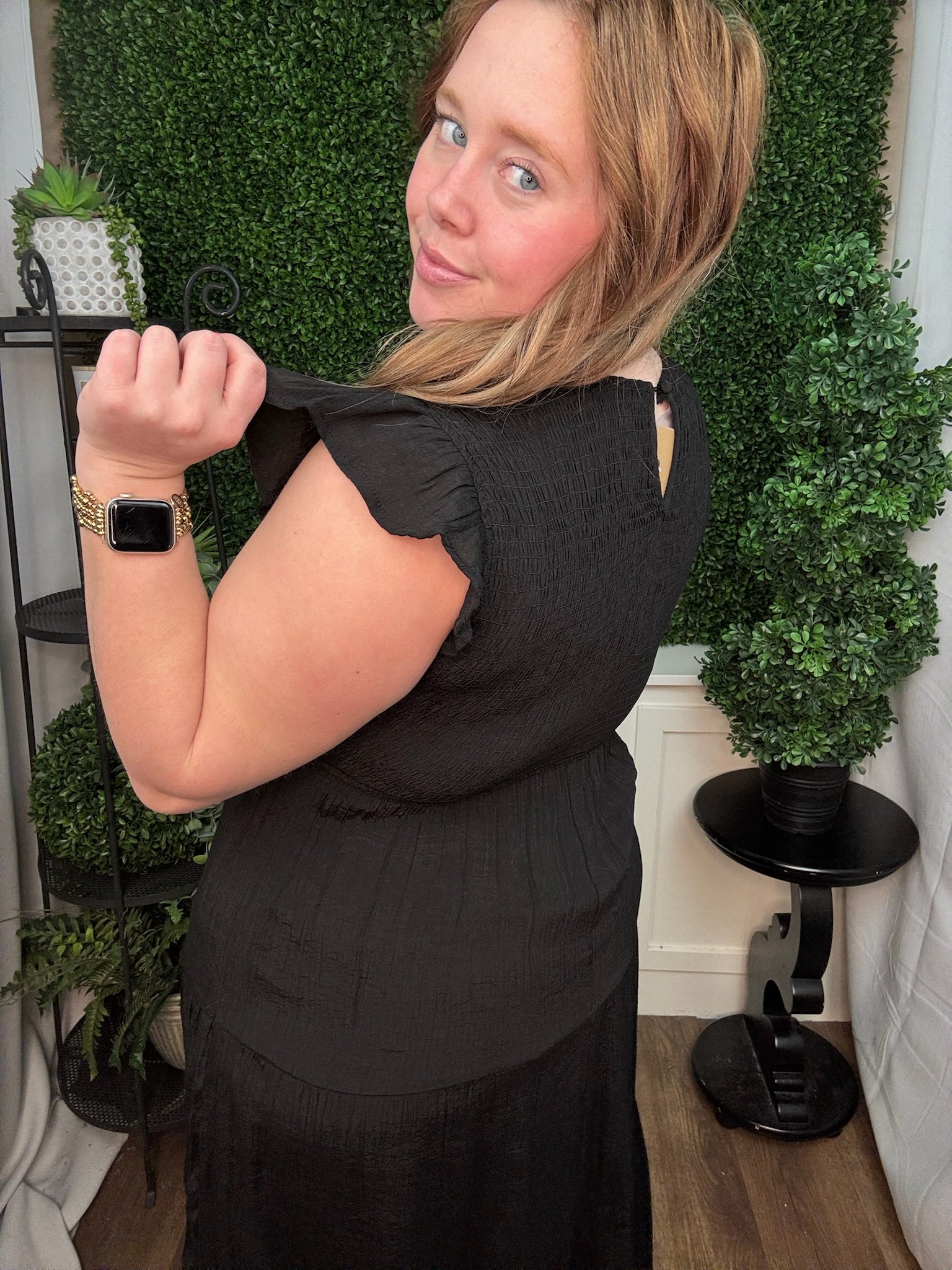 Midnight Smocked Flutter Sleeve Midi Dress