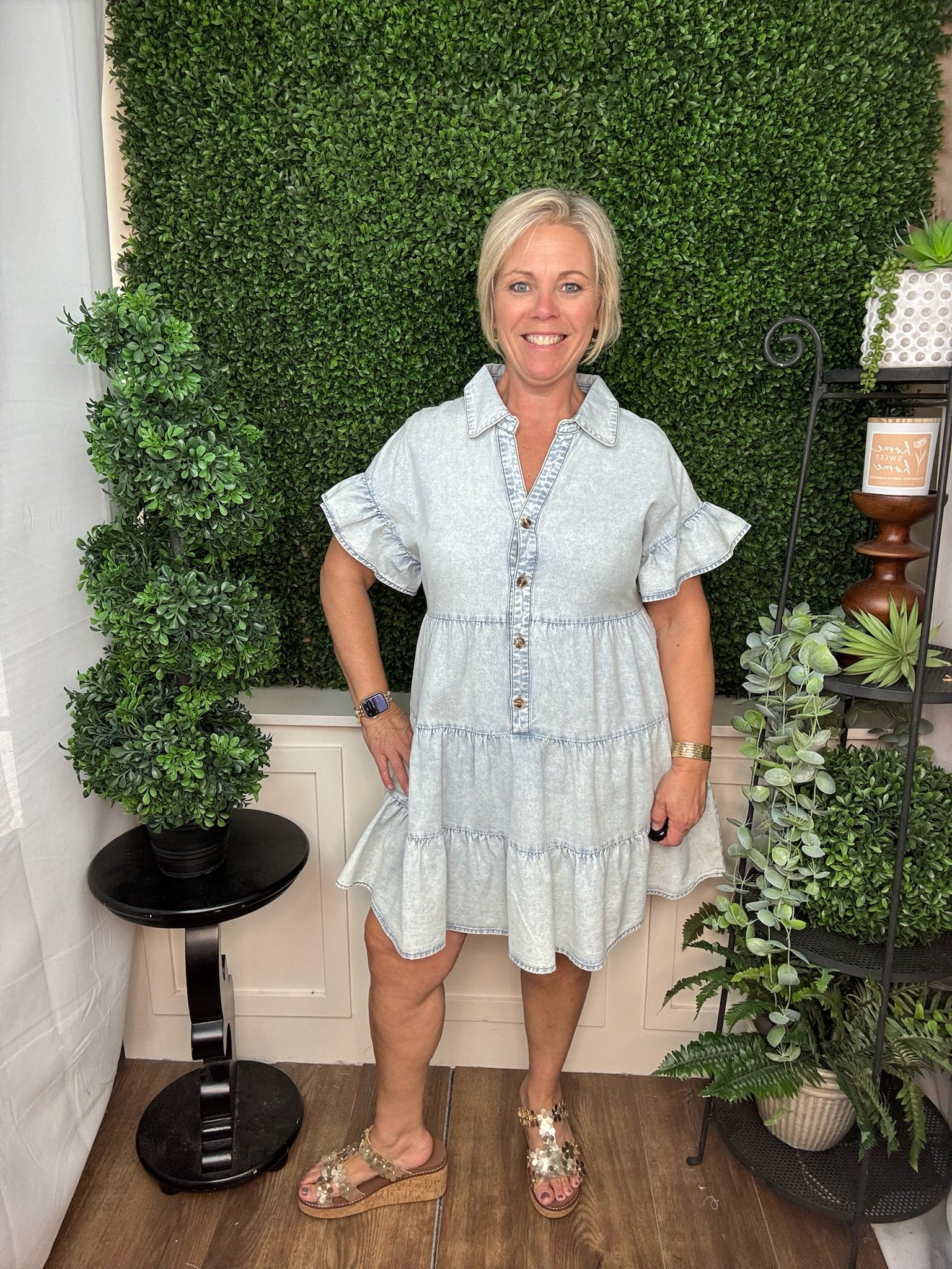 Light Denim Button-Front Tiered Babydoll Top