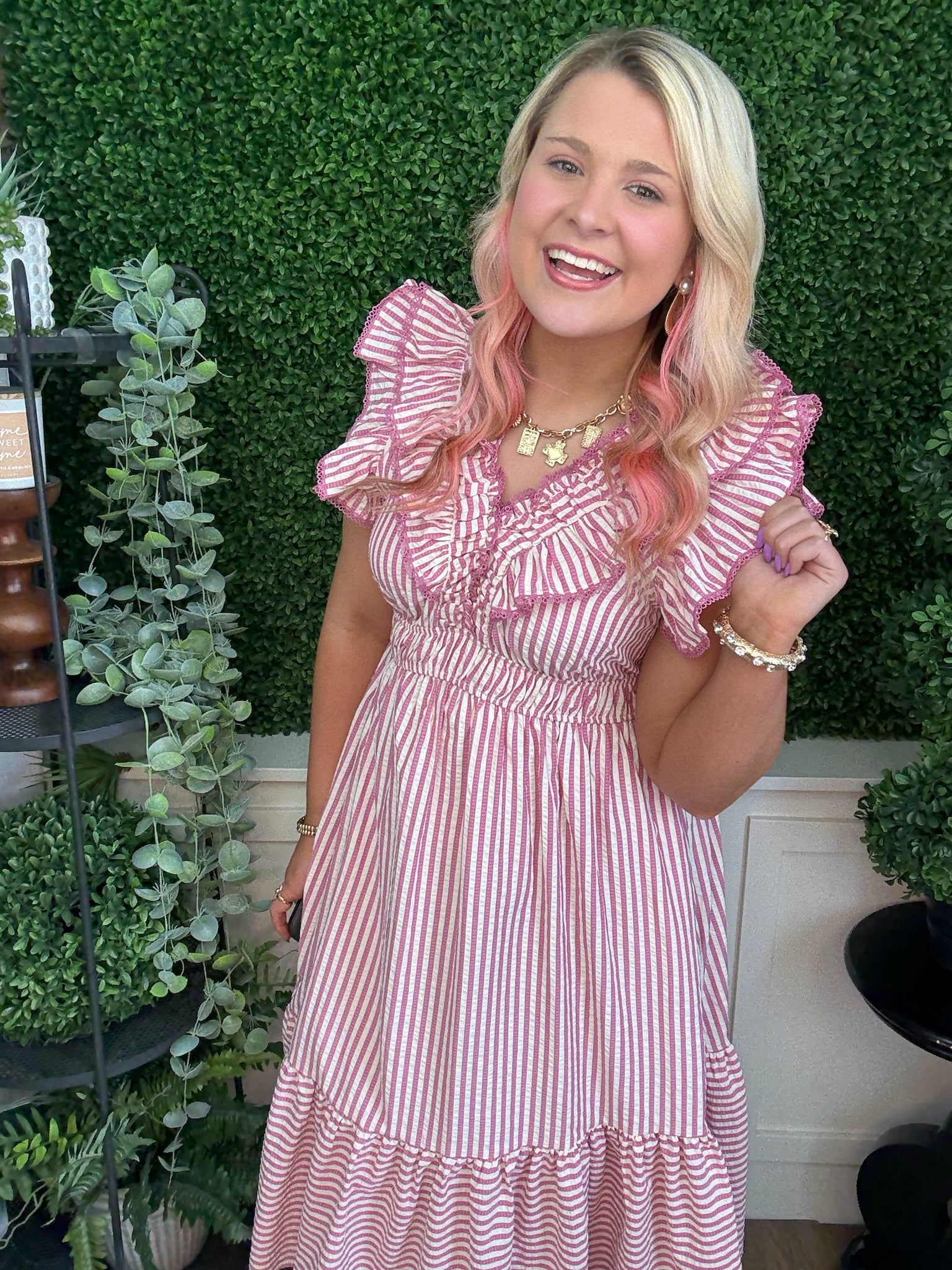 RUFFLE TRIMMED STRIPED MIDI DRESS