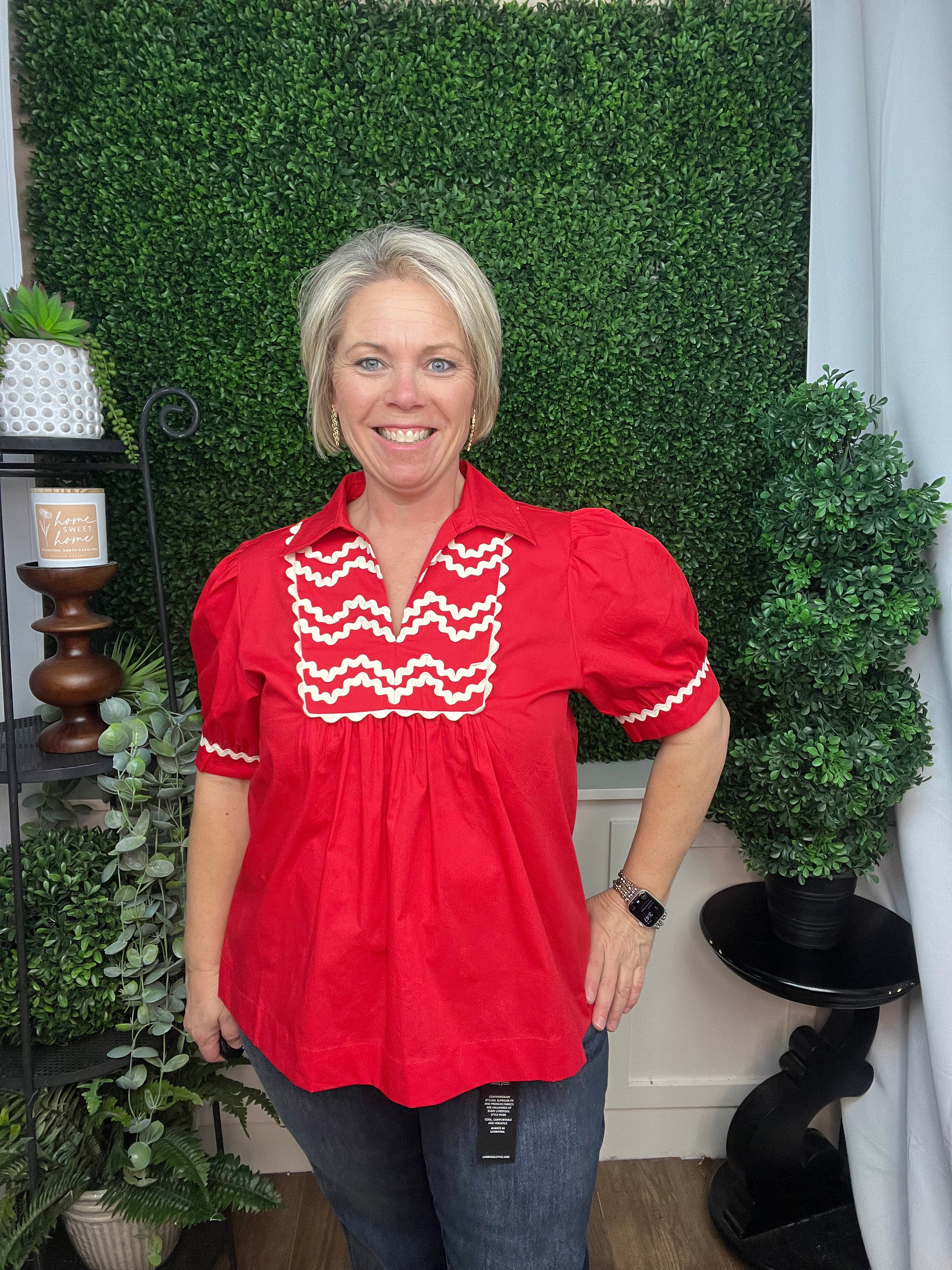 RIC-RAC TRIM ACCENT SOLID TOP - TOMATO RED