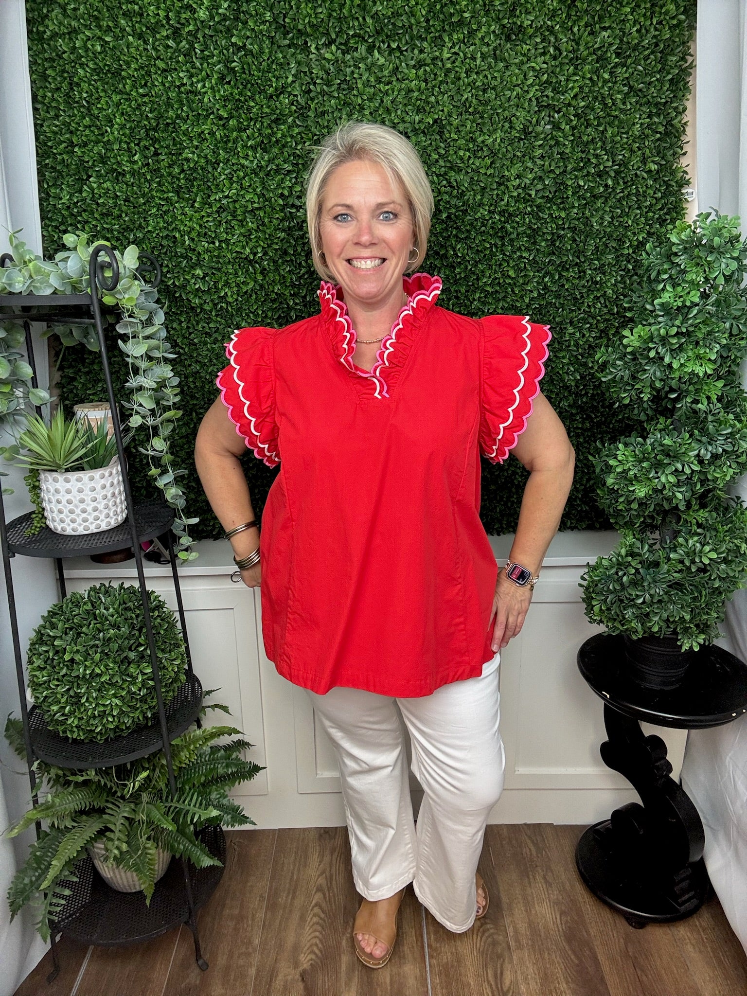 Scallop Trim Flutter Sleeve Blouse