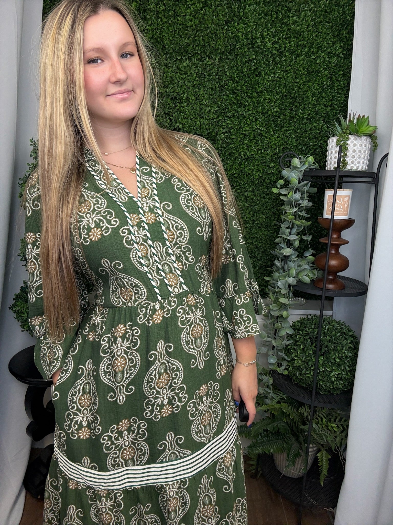 3/4 RUFFLE BELL SLEEVE WOVEN PRINT TIERED MAXI DRESS - OLIVE