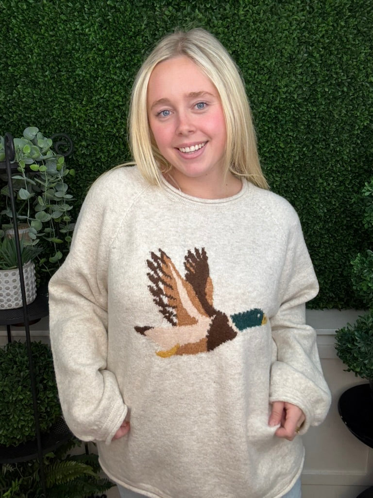 FLYING DUCK GRAPHIC KNIT SWEATER - OATMEAL