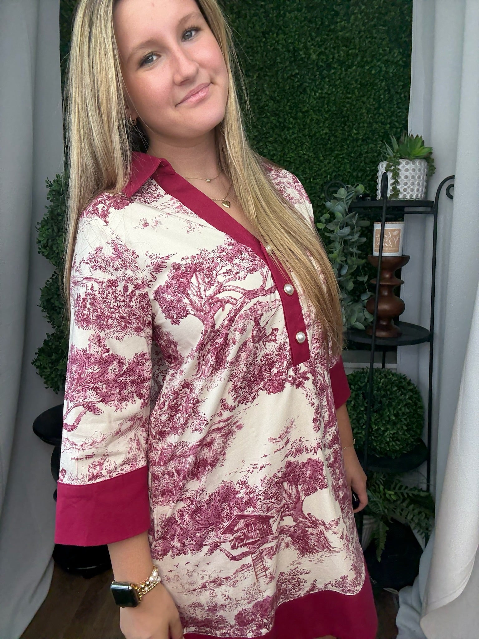 TOILE 3/4 SLEEVE MINI DRESS - BURGUNDY