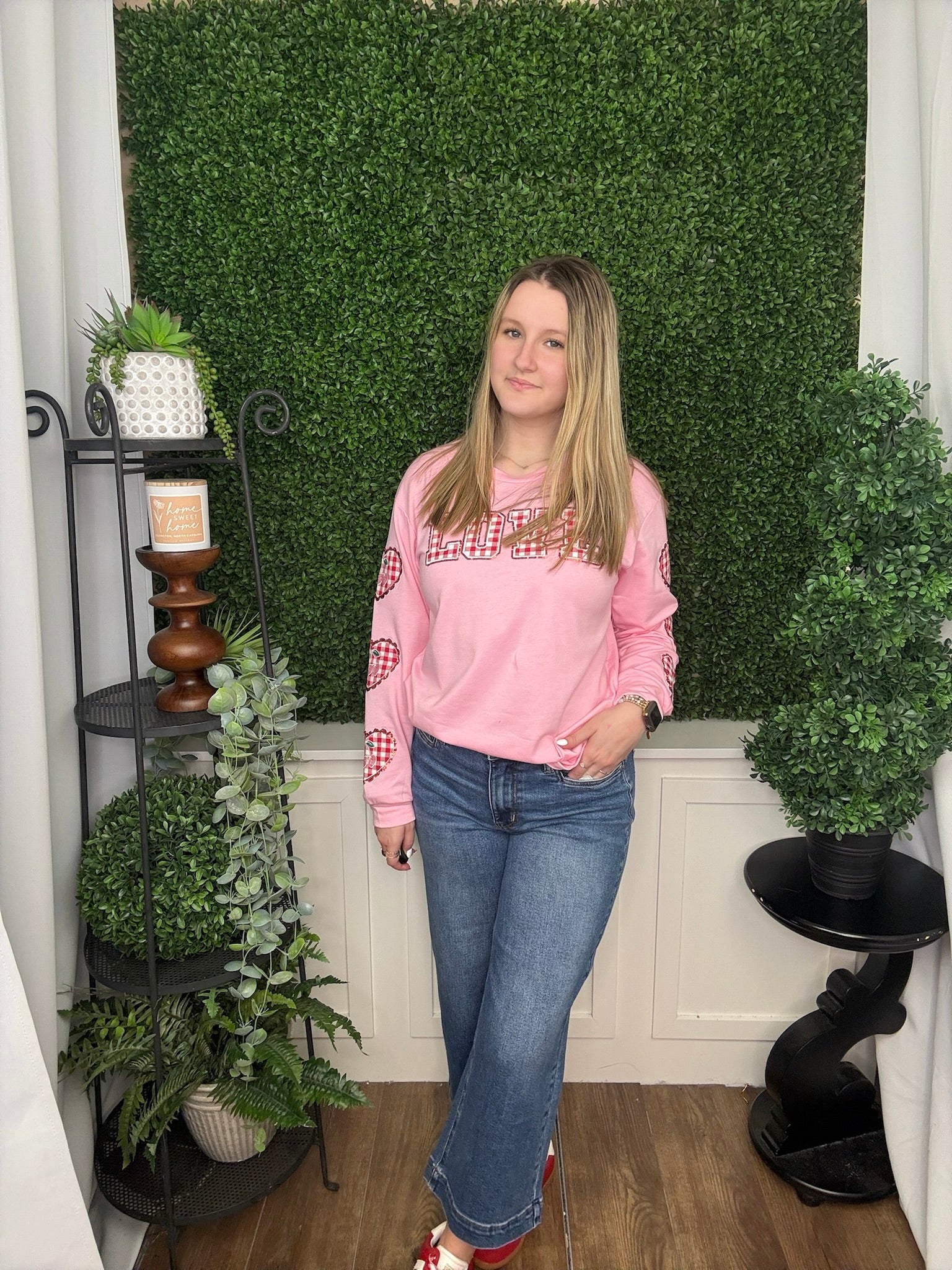 GINGHAM "LOVE" LS TOP - PINK