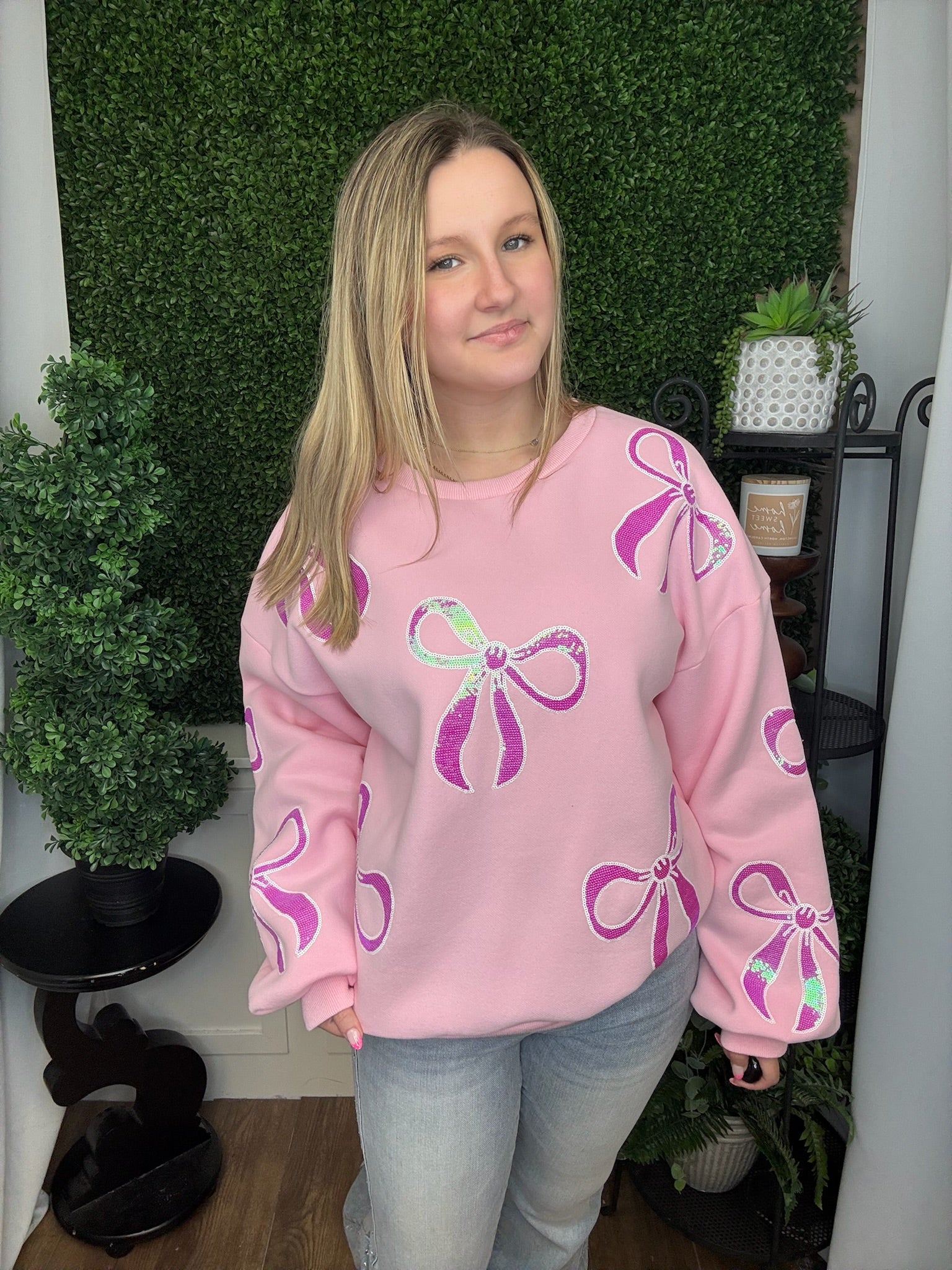 SEQUIN BOWS SWEATSHIRT - PINK