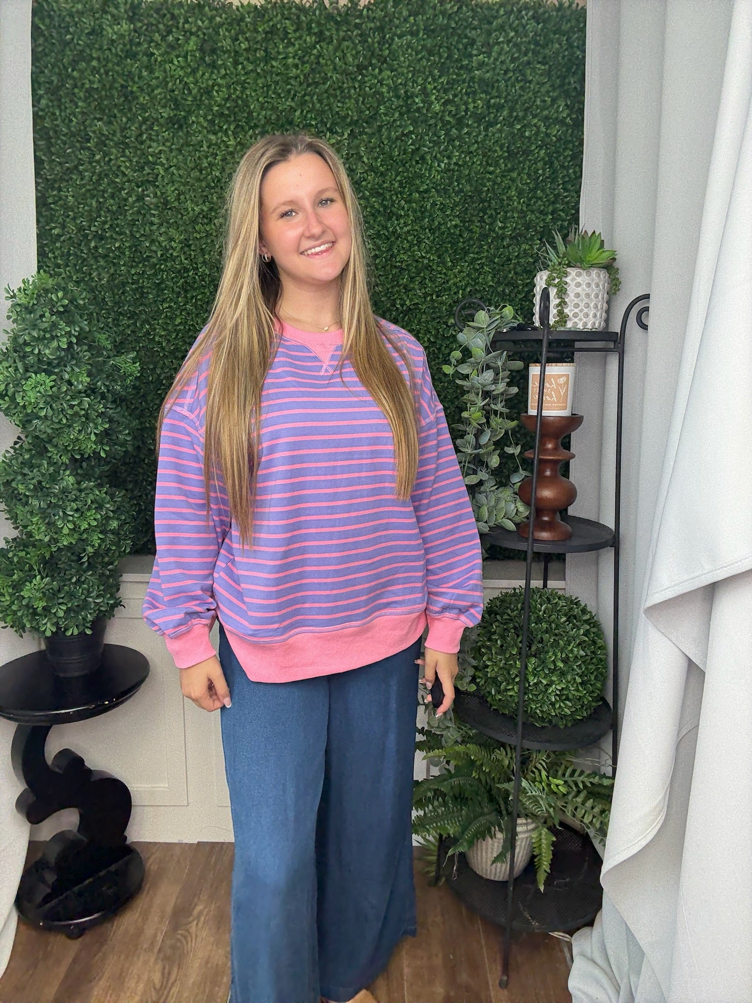 STRIPE COMFY CASUAL OVERSIZED KNIT TOP - LAVENDAR/PINK