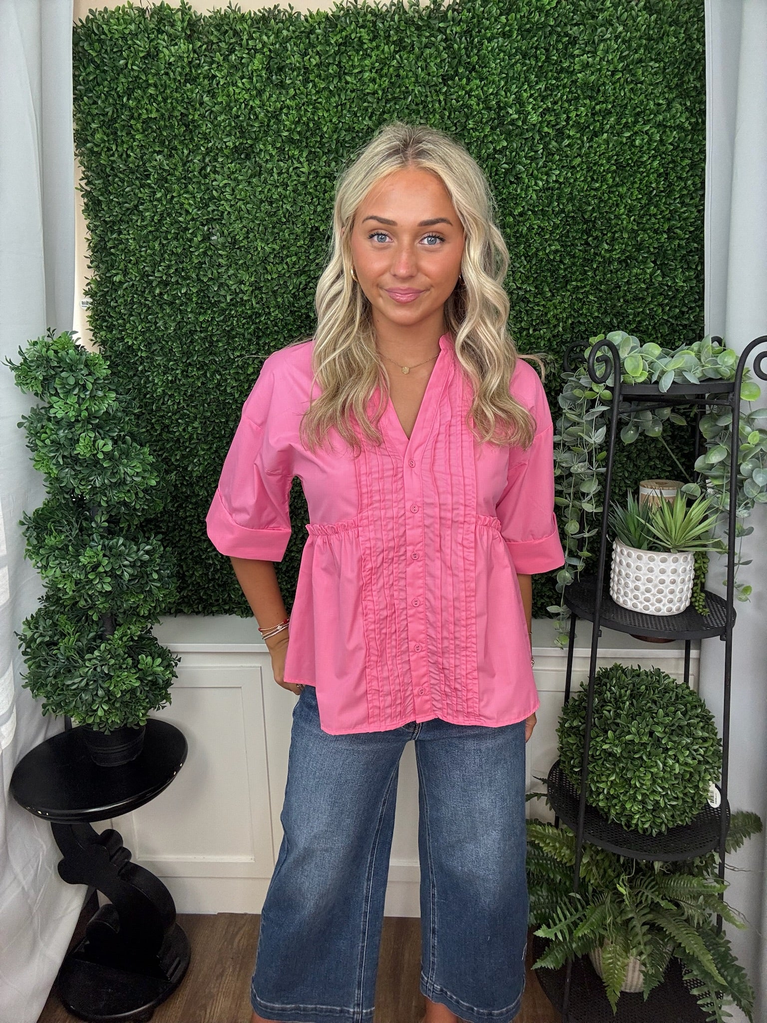 Blush Pleated Peplum Button Blouse