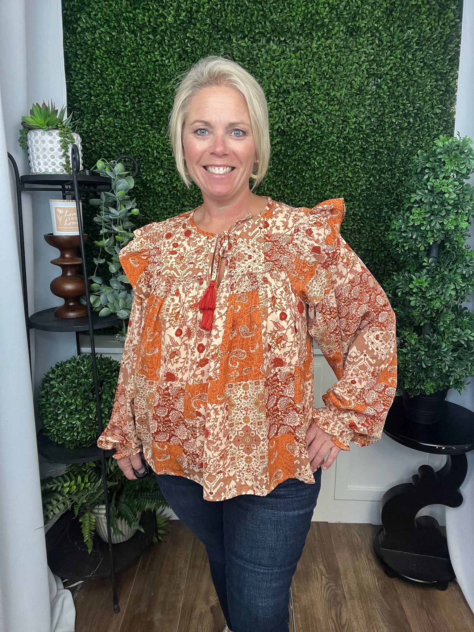 PATCHWORK PRINT SMOCKED RUFFLE BLOUSE - RUST MULTI FLORAL