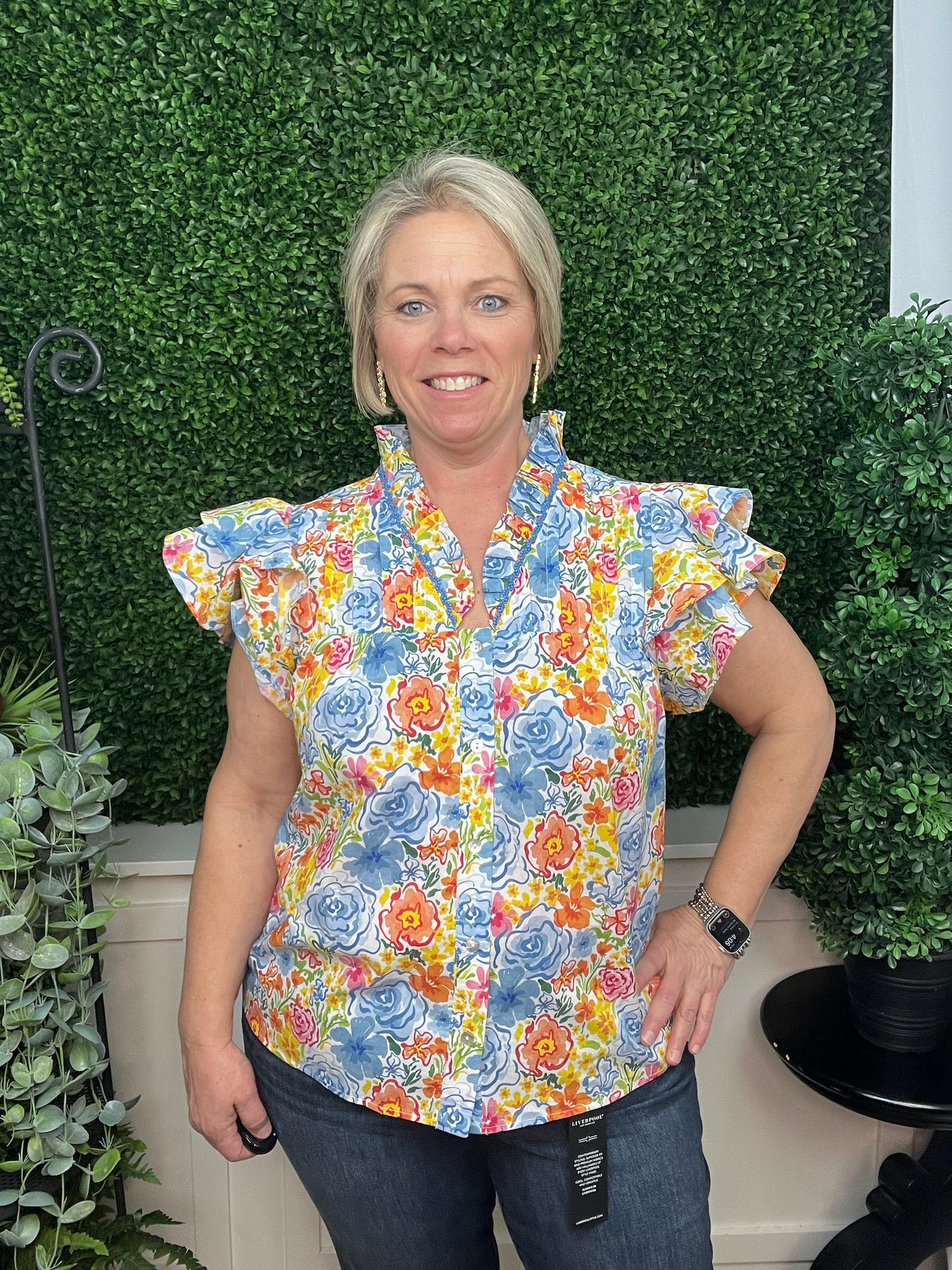 LAYERED FLUTTER SLEEVES FLORAL TOP - BLUE