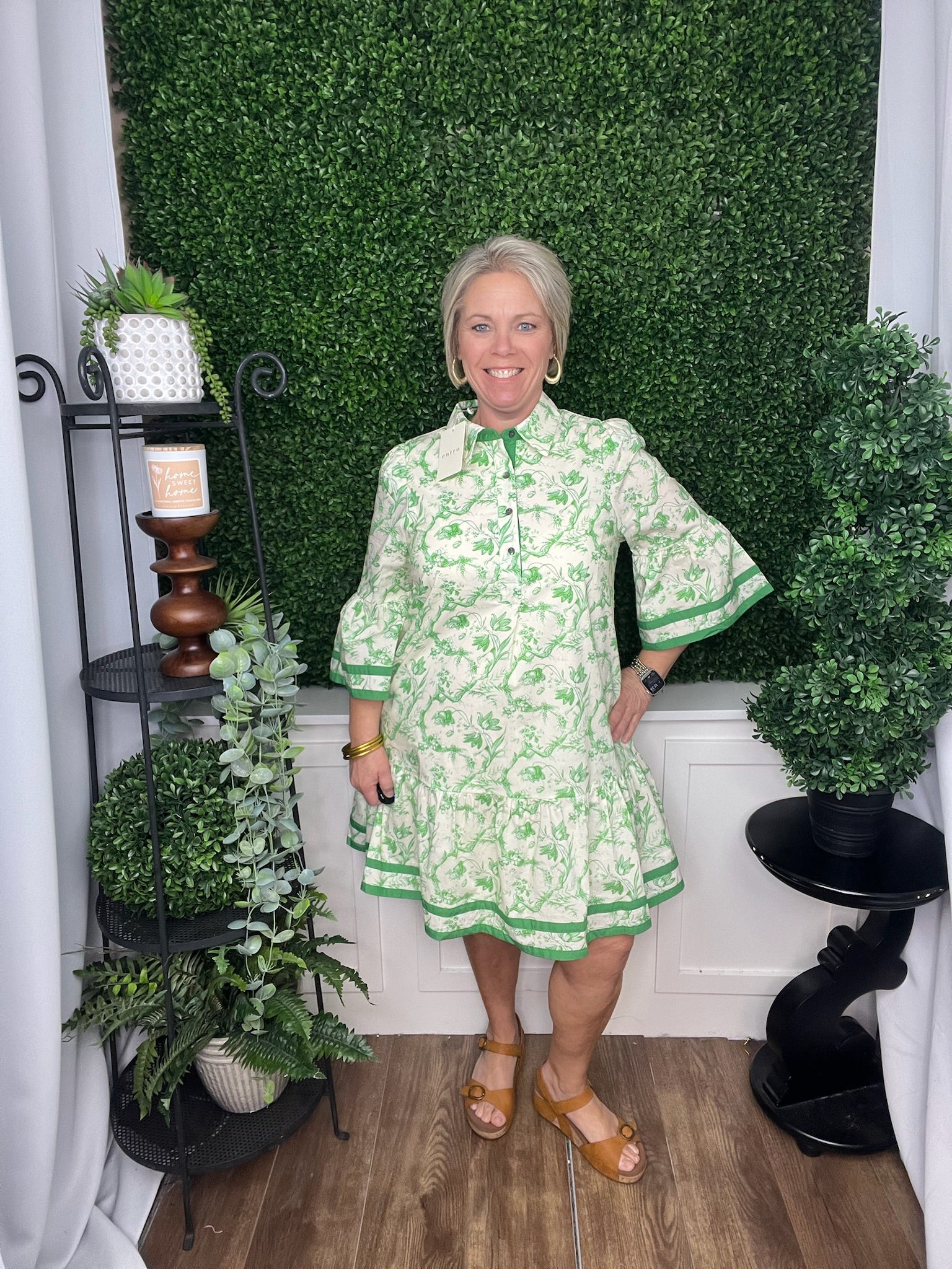 Floral dress with green trim