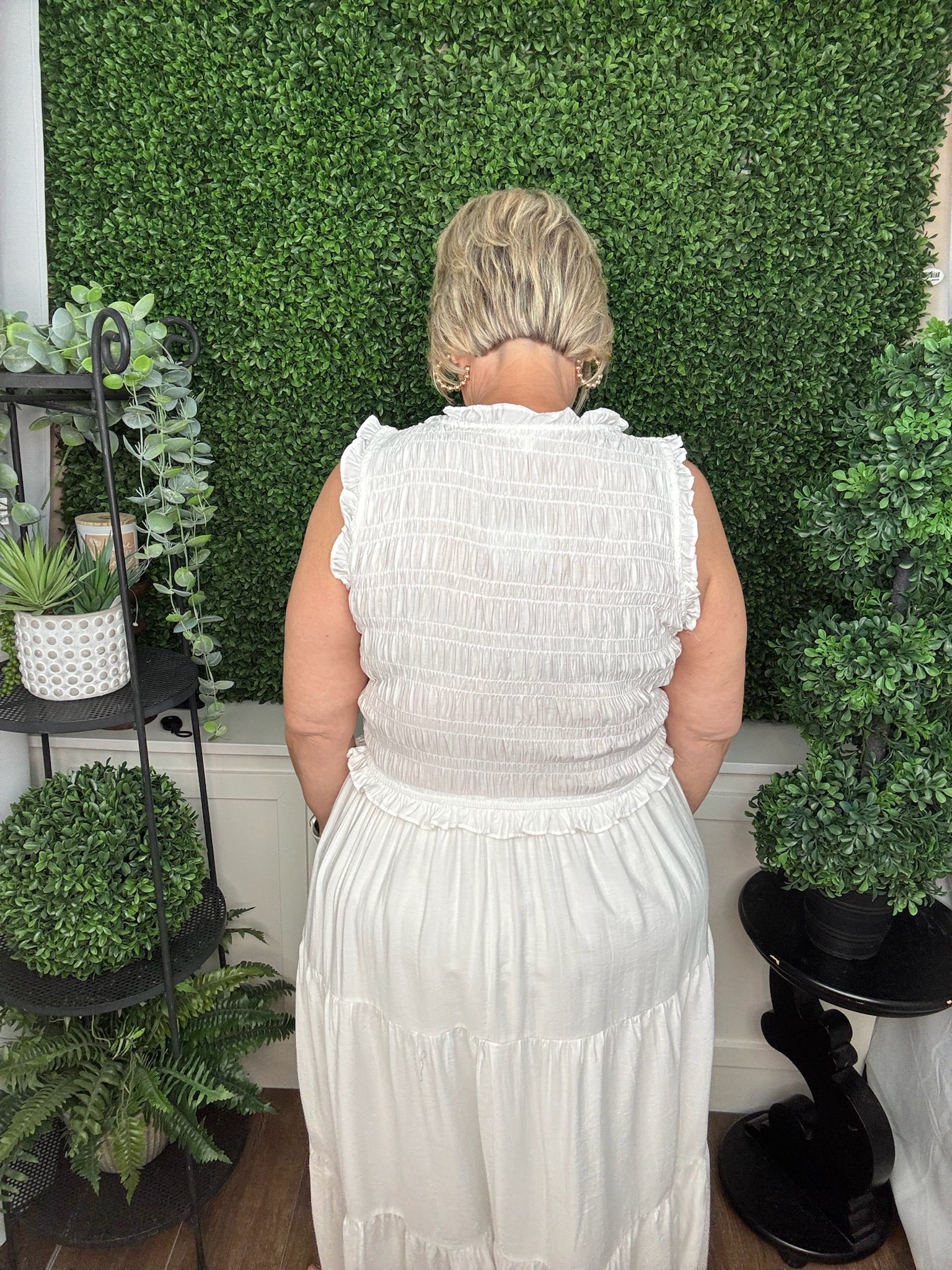 White Ruffle Smocked Sleeveless Midi Dress