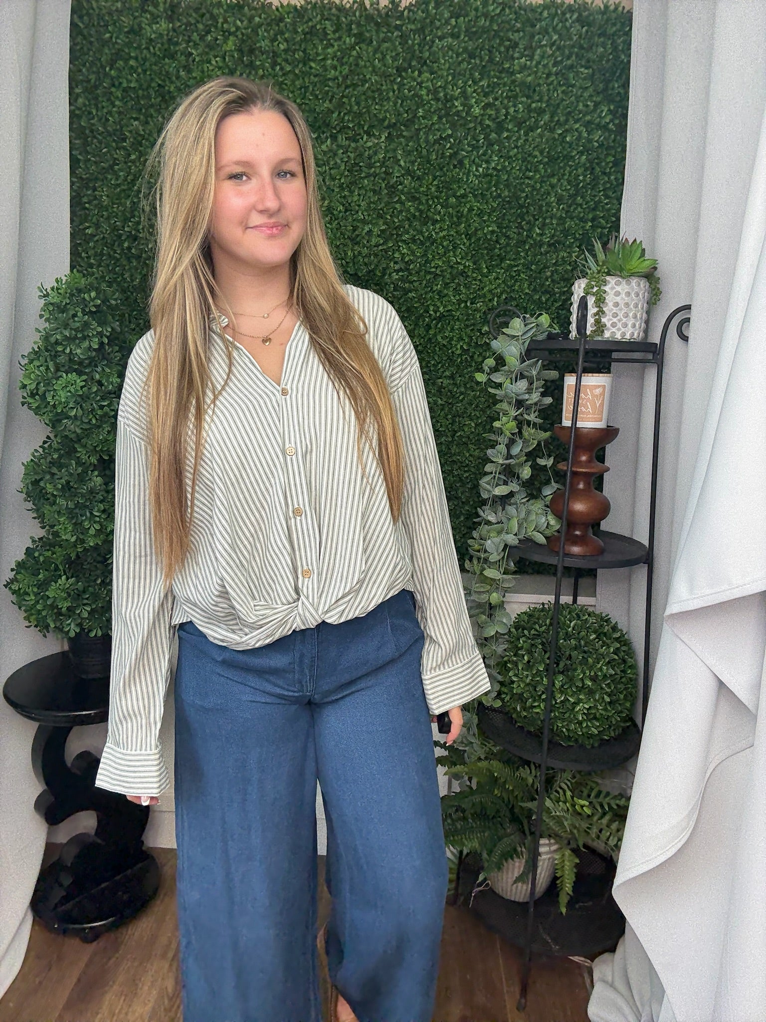 STRIPE TWISTED BUTTON-UP BLOUSE - GREEN/WHITE