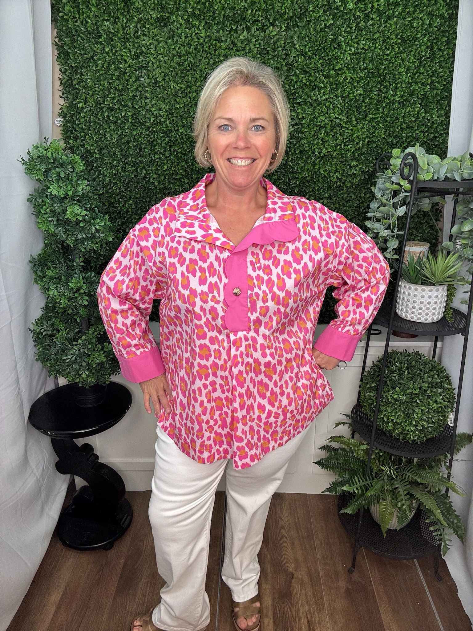 Pink Leopard Contrast Placket Blouse